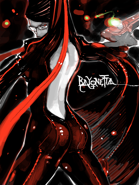shatou (c-com), bayonetta, bayonetta (series), 1girl, ass, black hair, female focus, glasses, gun, hair bun, long hair, looking back, mole, red eyes, red ribbon, ribbon, single hair bun, solo, weapon
