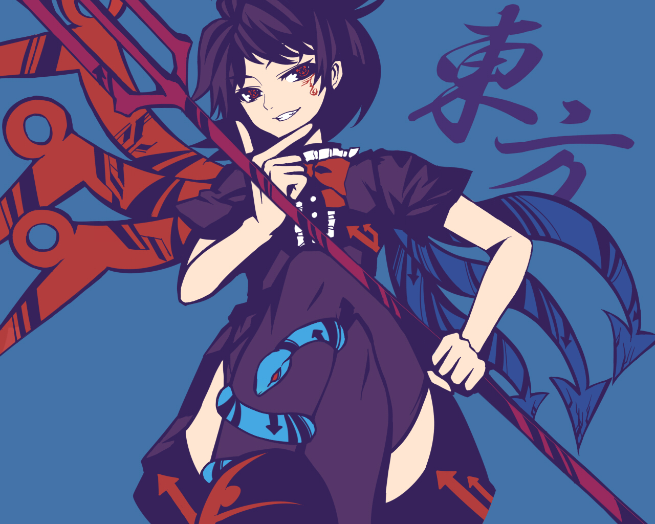 hitoto, houjuu nue, touhou, bad id, bad pixiv id, 1girl, black hair, black thighhighs, crossed legs, female focus, flat color, hand on own face, polearm, red eyes, short hair, sitting, snake, solo, thighhighs, weapon, wings, zettai ryouiki