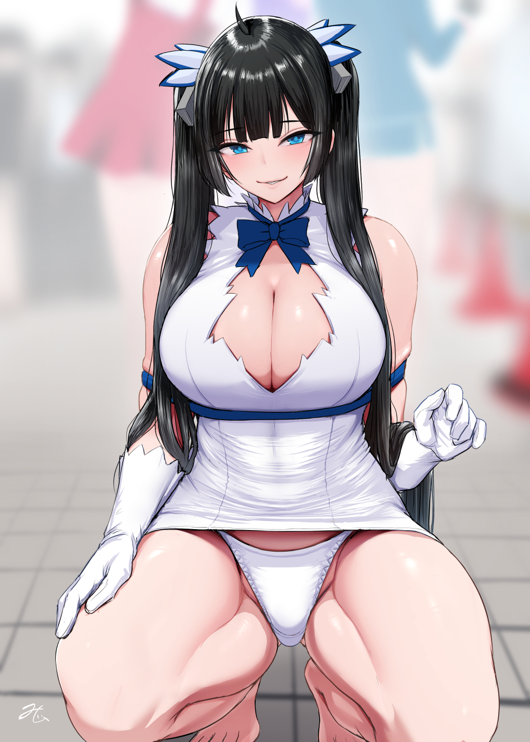 ishimiso (ishimura), hestia (danmachi), dungeon ni deai wo motomeru no wa machigatteiru darou ka, original, highres, 1girl, arm ribbon, barefoot, black hair, blue eyes, blue ribbon, blush, breasts, cleavage, cleavage cutout, clothing cutout, cosplay, covered navel, doyagao, dress, gloves, hestia (danmachi) (cosplay), large breasts, long hair, looking at viewer, panties, pantyshot, pencil dress, rei no himo, ribbon, short dress, sleeveless, sleeveless dress, smile, smirk, smug, solo, twintails, underwear, white dress, white gloves, white panties