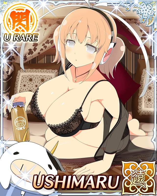 ushimaru (senran kagura), ushiwakamaru (senran kagura), senran kagura, senran kagura new wave, game cg, official art, third-party source, 1girl, animal print, barefoot, black bra, black panties, black shawl, border, bottle, bra, breasts, card (medium), character name, character print, chibi, cleavage, closed mouth, cow, cow print, dot mouth, grey eyes, hair ribbon, headphones, holding, holding bottle, huge breasts, jewelry, lace, lace-trimmed bra, lace trim, leaning forward, looking at viewer, medium hair, milk bottle, necklace, on bed, orange hair, panties, ribbon, see-through clothes, see-through shawl, shawl, short twintails, sitting, solo, twintails, underwear, white ribbon