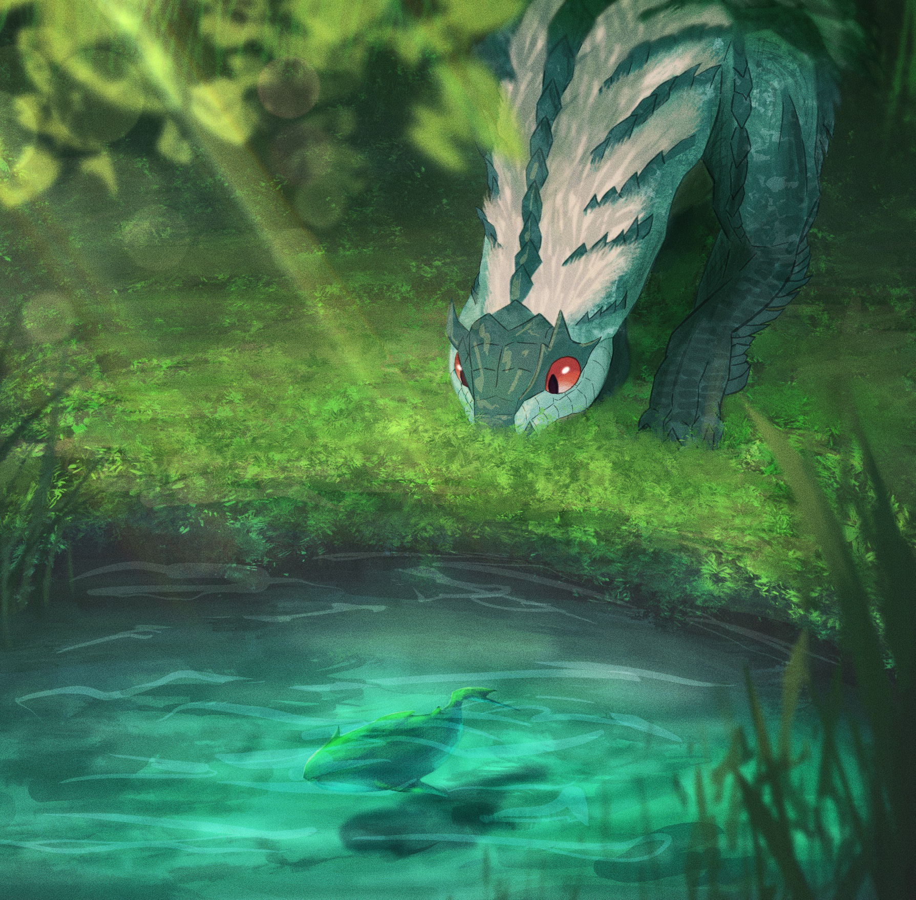 tobi-kadachi, monster hunter (series), commentary request, highres, blue scales, eno-a, fish, grass, hunting, light rays, looking down, no humans, no pupils, outdoors, pond, red eyes, ripples, sunbeam, sunlight, two-tone scales, white fur, white scales