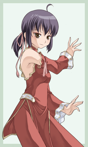 takano natsuki, chan lee, bakugan, bakugan battle brawlers, 00s, 1girl, ahoge, blue hair, brown eyes, china dress, chinese clothes, chinese text, detached sleeves, dress, female focus, solo