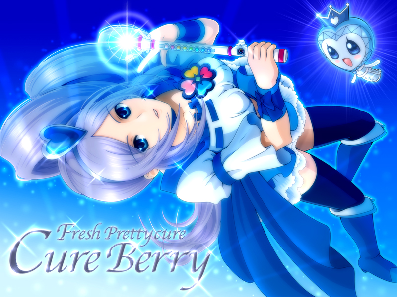 sekken kasu barrier, aono miki, burun, cure berry, fresh precure!, precure, 00s, 1girl, blue background, blue boots, blue eyes, blue skirt, boots, character name, copyright name, female focus, hair ornament, heart, heart hair ornament, knee boots, long hair, magical girl, purple hair, skirt, solo, thighhighs, wand