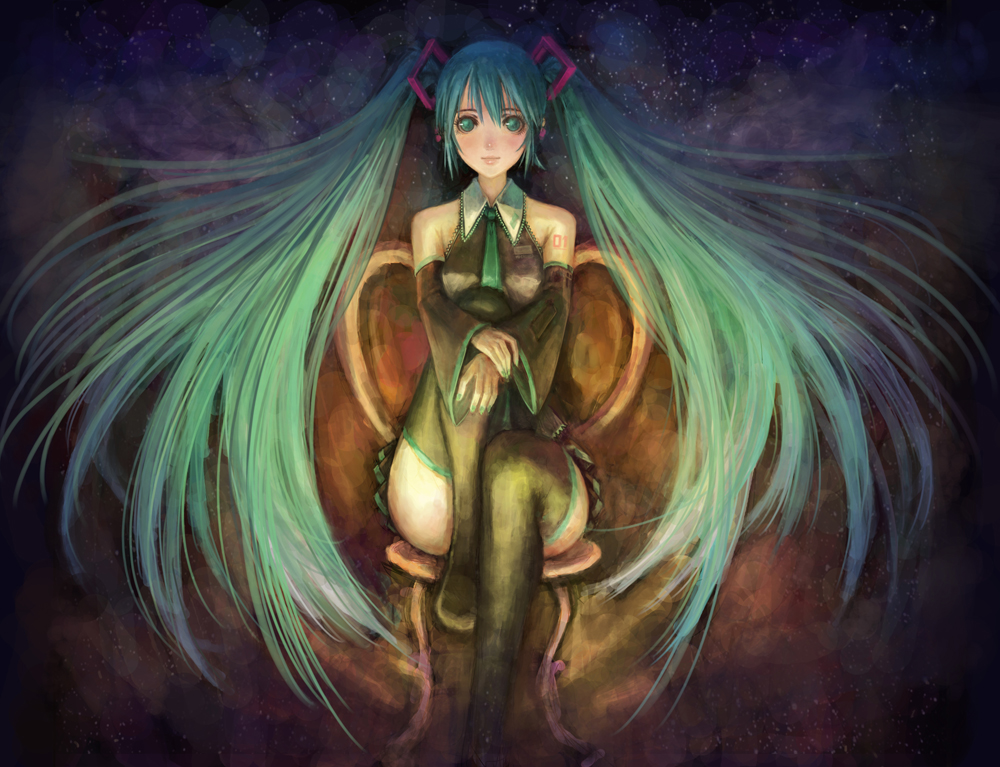 docoi, hatsune miku, vocaloid, bad id, bad pixiv id, aqua hair, long hair, sitting, solo, thighhighs, twintails, very long hair