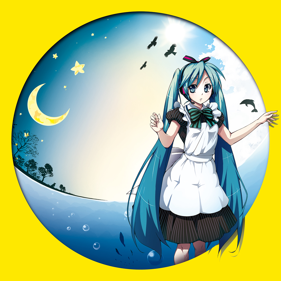 kabayaki unagi, alice (alice in wonderland), hatsune miku, alice's adventures in wonderland, vocaloid, bad id, bad pixiv id, 1girl, alice (alice in wonderland) (cosplay), alternate costume, apron, aqua eyes, aqua hair, bird, bow, cosplay, dress, enmaided, female focus, hair bow, headphones, headset, long hair, maid, maid apron, moon, nature, outdoors, sky, solo, star (symbol), twintails, very long hair