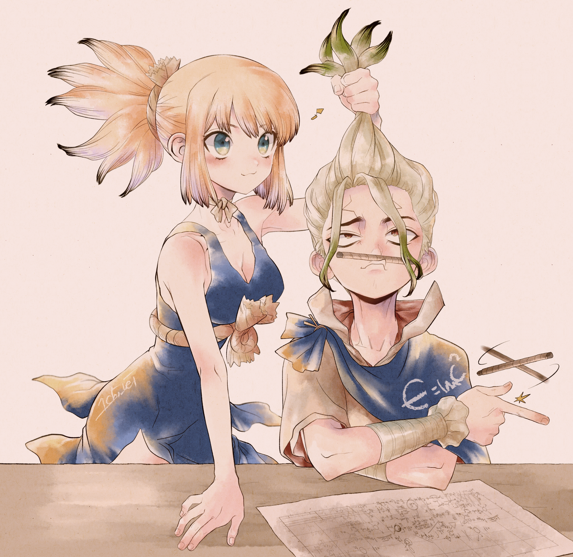ninomae gin, ishigami senkuu, kohaku (dr. stone), dr. stone, highres, 1boy, 1girl, :3, artist name, blonde hair, blue cape, blue dress, blue eyes, breasts, cape, cleavage, cleavage cutout, closed mouth, clothing cutout, dress, e=mc2 (equation), facial mark, grabbing another's hair, gradient hair, green hair, hetero, holding, holding another's hair, implied hetero, long hair, multicolored hair, musical note, paper, pen, ponytail, rope, rope around waist, sidelocks, simple background, smile, spiked hair, twitter username, white background, white rope