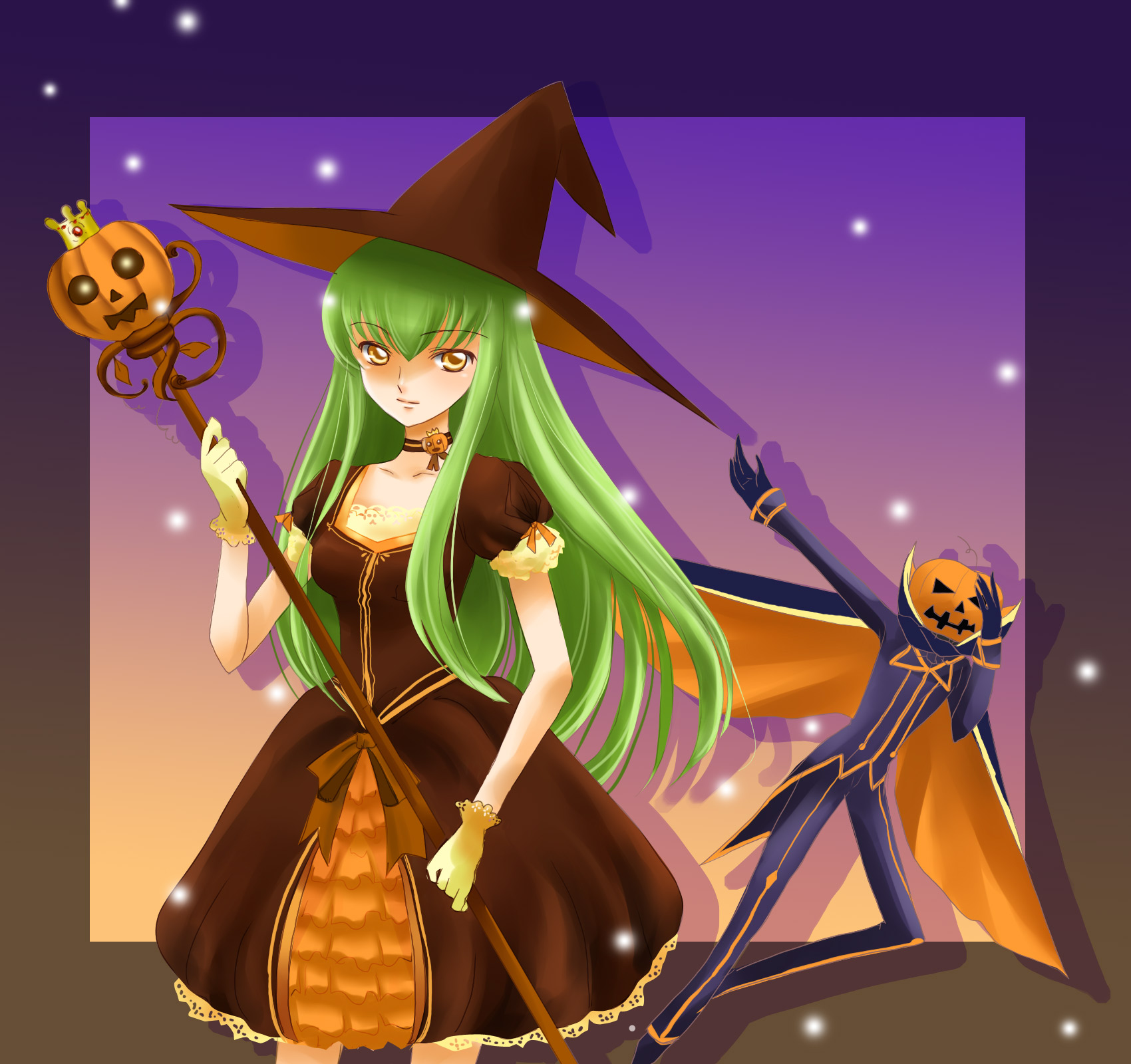 sinko (sinsin), c.c., zero (code geass), code geass, highres, 00s, 1boy, 1girl, black dress, cape, choker, dress, gloves, green hair, halloween, hat, holding, holding staff, jack-o'-lantern, long hair, pumpkin, staff, standing, witch, witch hat, yellow eyes