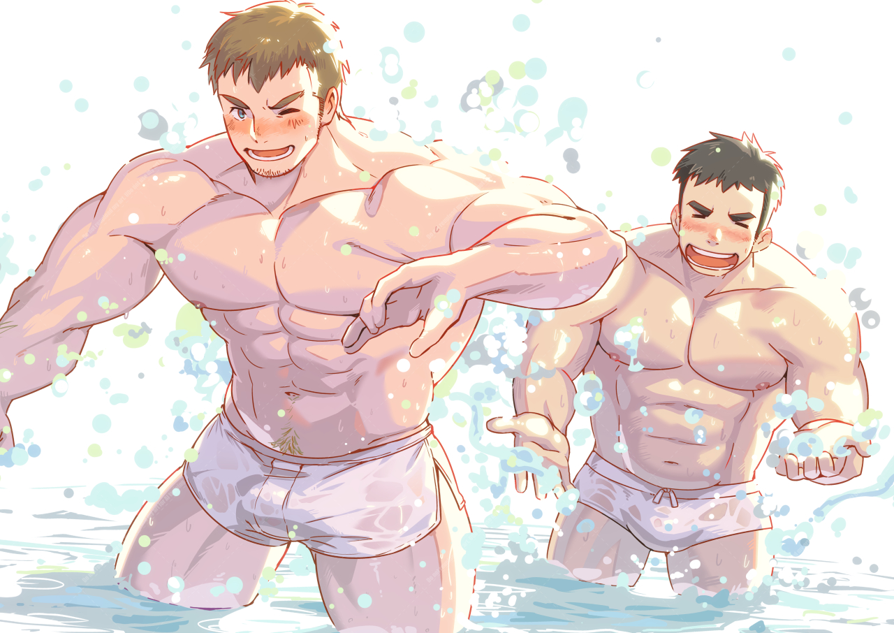 waku (ayamix), original, 2boys, abs, bara, black hair, blue eyes, blush, brown hair, closed eyes, facial hair, goatee, goatee stubble, large pectorals, male focus, male swimwear, multiple boys, muscular, muscular male, navel hair, nipples, open mouth, pectorals, short hair, shorts, side slit, side slit shorts, smile, splashing, stubble, swim briefs, swim trunks, thick eyebrows, topless male, v-shaped eyebrows, wading, wet, white male swimwear