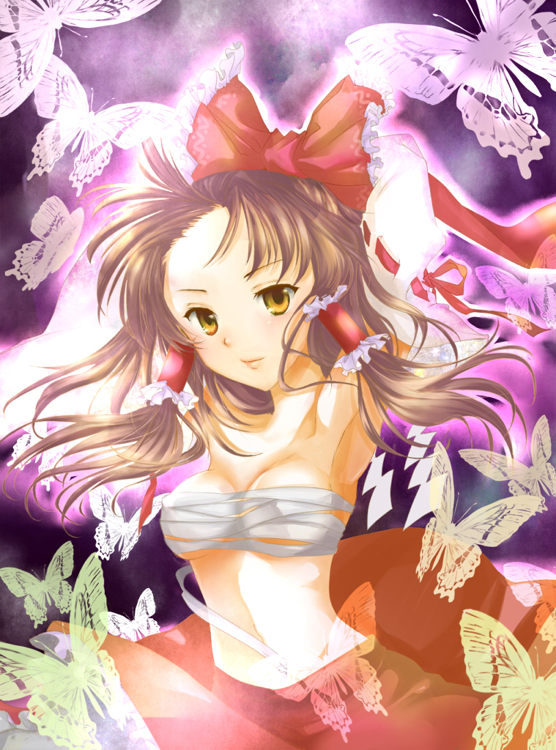 hakurei reimu, mikazuki tenma, touhou, bad id, bad pixiv id, 1girl, armpits, bow, breasts, brown hair, bug, butterfly, detached sleeves, female focus, gohei, gradient background, hair bow, insect, japanese clothes, miko, ribbon, sarashi, skirt, solo, yellow eyes