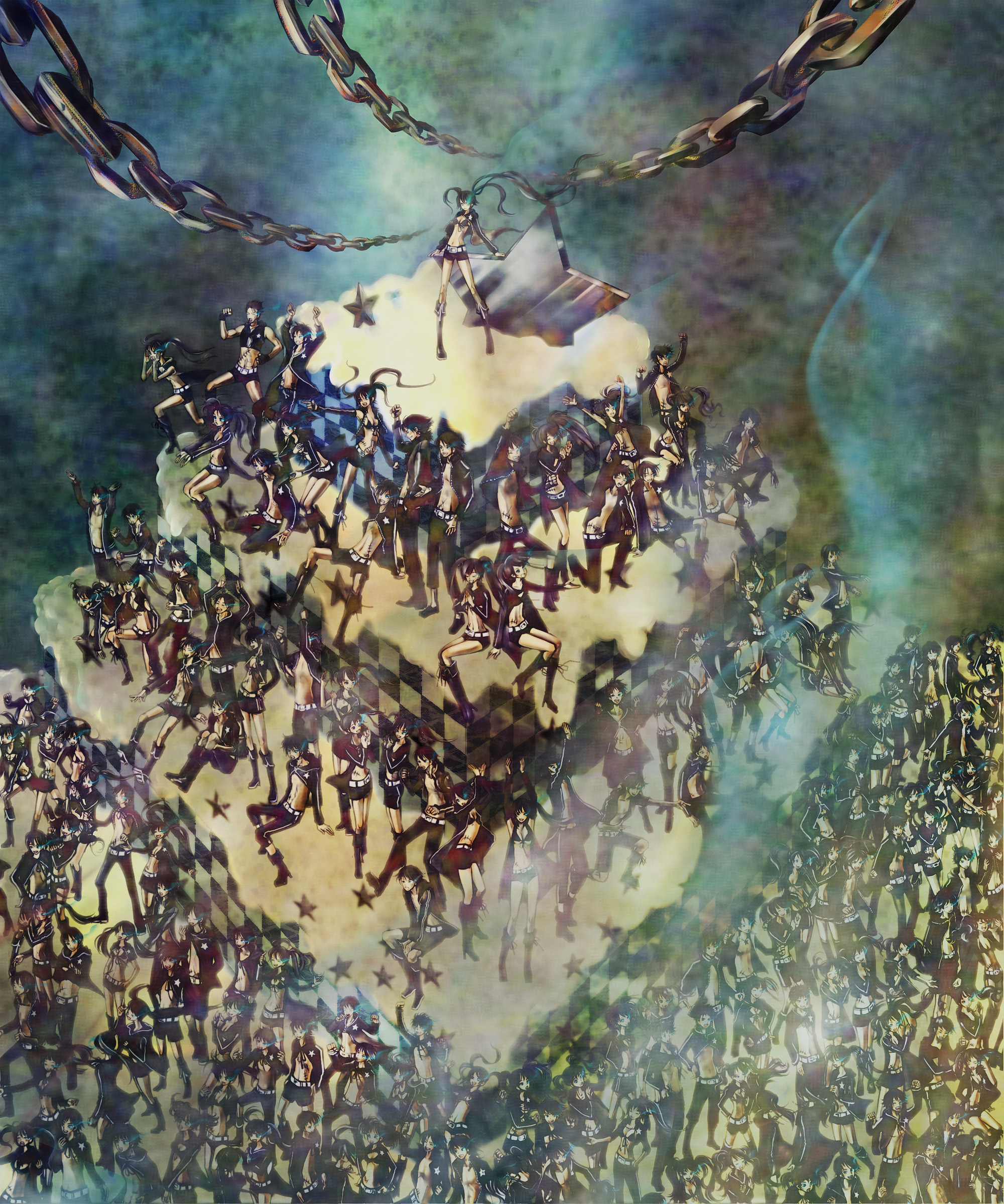 so-da, black rock shooter (character), black rock shooter, niconico, absurdres, bad id, highres, 10s, 6+girls, belt, bikini, bikini top only, black hair, blue eyes, boots, chain, choir, clone, coat, flat chest, glowing, glowing eyes, jacket, long hair, midriff, multiple girls, navel, scar, shorts, sitting, smile, star (symbol), swimsuit, twintails, uneven twintails