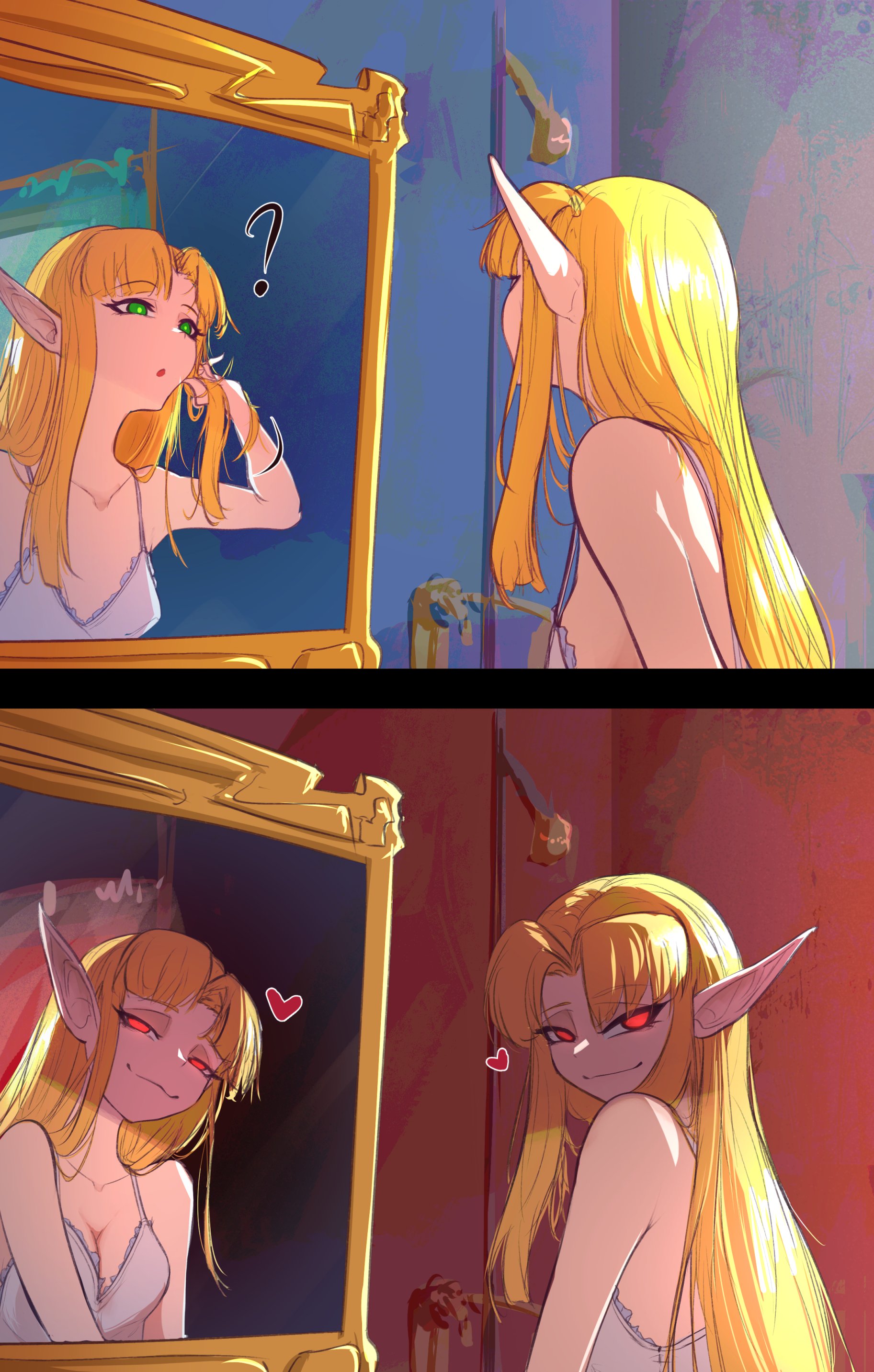 eranahh, princess zelda, nintendo, the legend of zelda, absurdres, highres, 1girl, ?, blonde hair, breasts, dark persona, glowing, glowing eyes, heart, jewelry, long hair, looking at viewer, medium breasts, mirror, open mouth, pointy ears, red eyes, smile