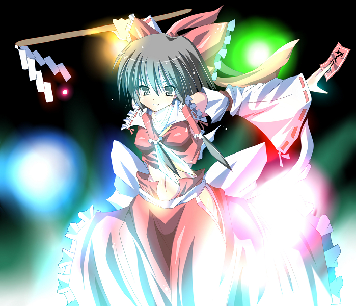 luna (gunfire), hakurei reimu, touhou, 1girl, bow, breasts, brown hair, female focus, gohei, gradient background, japanese clothes, midriff, miko, navel, ofuda, ribbon, skirt, solo