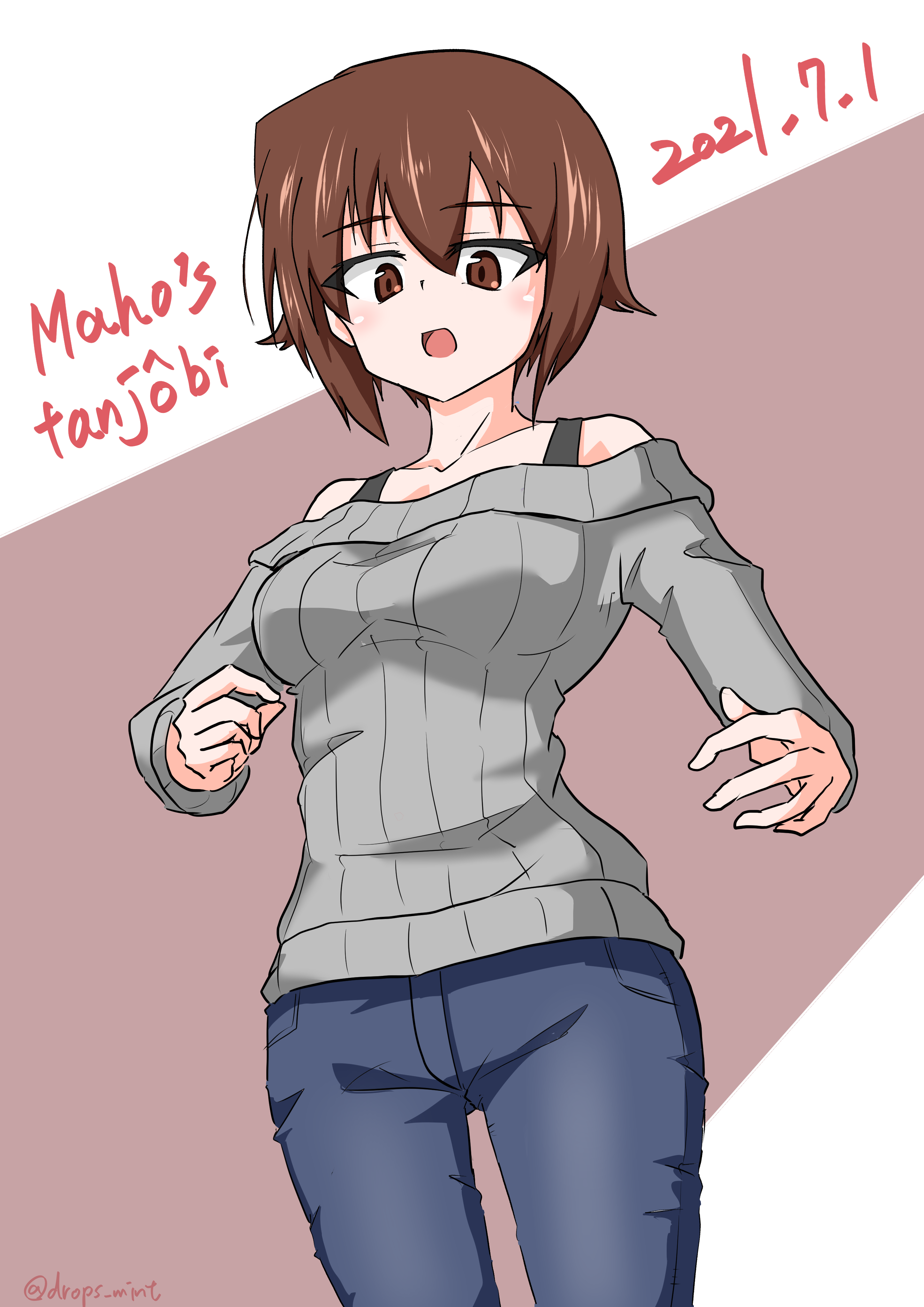 drops mint, nishizumi maho, girls und panzer, absurdres, highres, 1girl, :d, bare shoulders, blue pants, blush, brown eyes, brown hair, dated, denim, english text, eyes visible through hair, grey sweater, hair between eyes, happy birthday, jeans, looking at viewer, off-shoulder sweater, off shoulder, open mouth, pants, pink background, pixiv username, short hair, simple background, smile, solo, sweater, twitter username, two-tone background, white background