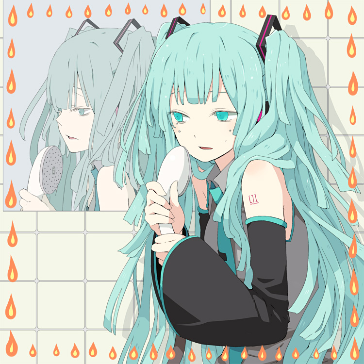 kintaro, hatsune miku, vocaloid, 1girl, aqua eyes, aqua hair, detached sleeves, female focus, headphones, long hair, mirror, necktie, reflection, shower head, solo, tears, twintails