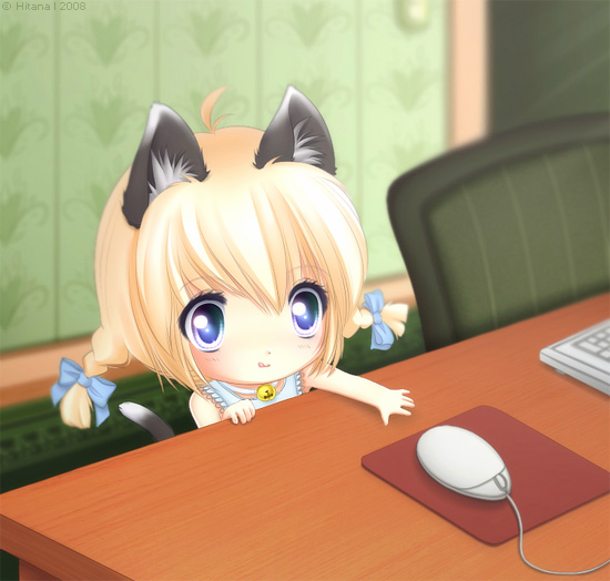 hitana, original, md5 mismatch, resized, resolution mismatch, source smaller, upscaled, 00s, 1girl, 2008, :p, ahoge, animal ears, artist name, bell, blonde hair, blue eyes, bow, braid, cat ears, cat tail, chibi, computer keyboard, computer mouse, desk, female focus, hair bow, indoors, jingle bell, outstretched arm, outstretched hand, petite, reaching, solo, tail, tareme, tongue, tongue out, twin braids
