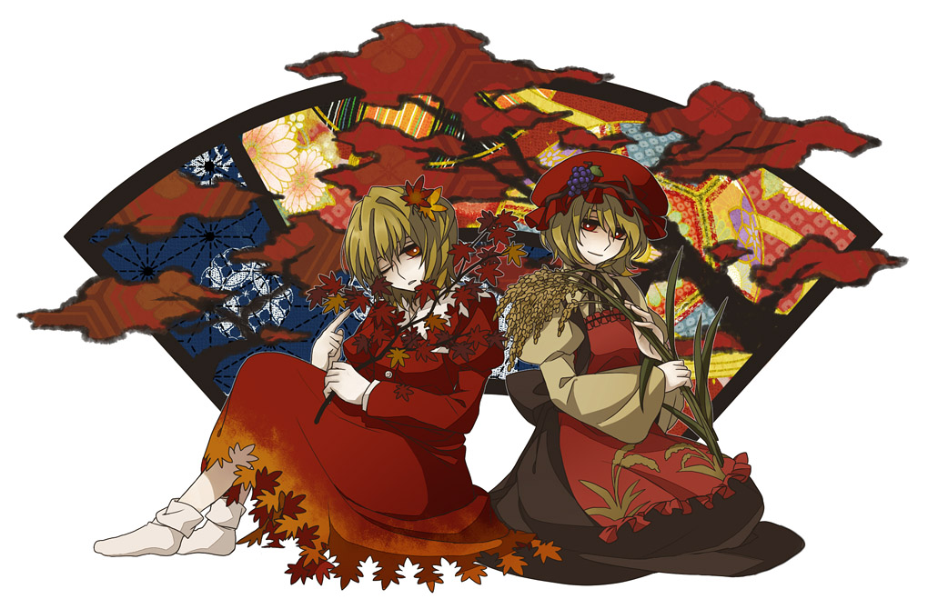 sezanu, aki minoriko, aki shizuha, touhou, 2girls, blonde hair, female focus, full body, hat, leaf, multiple girls, plant, red eyes, short hair, siblings, sisters, sitting