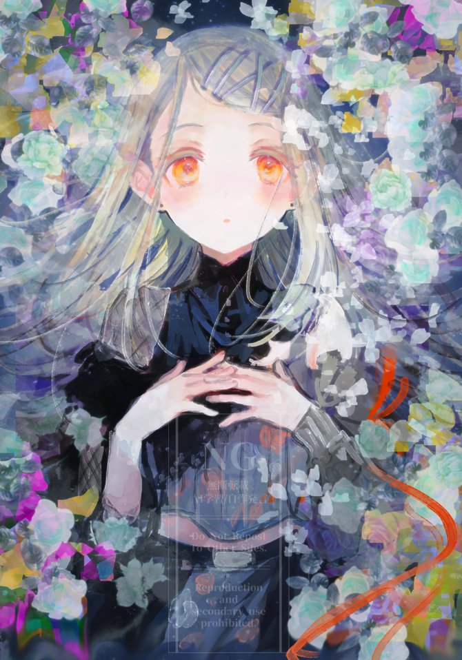 shinosawa hiro, gakuen idolmaster, idolmaster, commentary, symbol-only commentary, 1girl, asymmetrical clothes, black shirt, blonde hair, blush, collared shirt, colored eyelashes, contrast (idolmaster), detached sleeves, earrings, flower, grey sleeves, hair ornament, hairclip, hands on own chest, hands up, hatocl, jewelry, lace, lace-trimmed shirt, lace trim, long hair, long sleeves, looking at viewer, midriff, on flower, orange eyes, parallel hairclips, parted lips, shirt, single detached sleeve, single sleeve, solo, stud earrings, watermark, x hair ornament