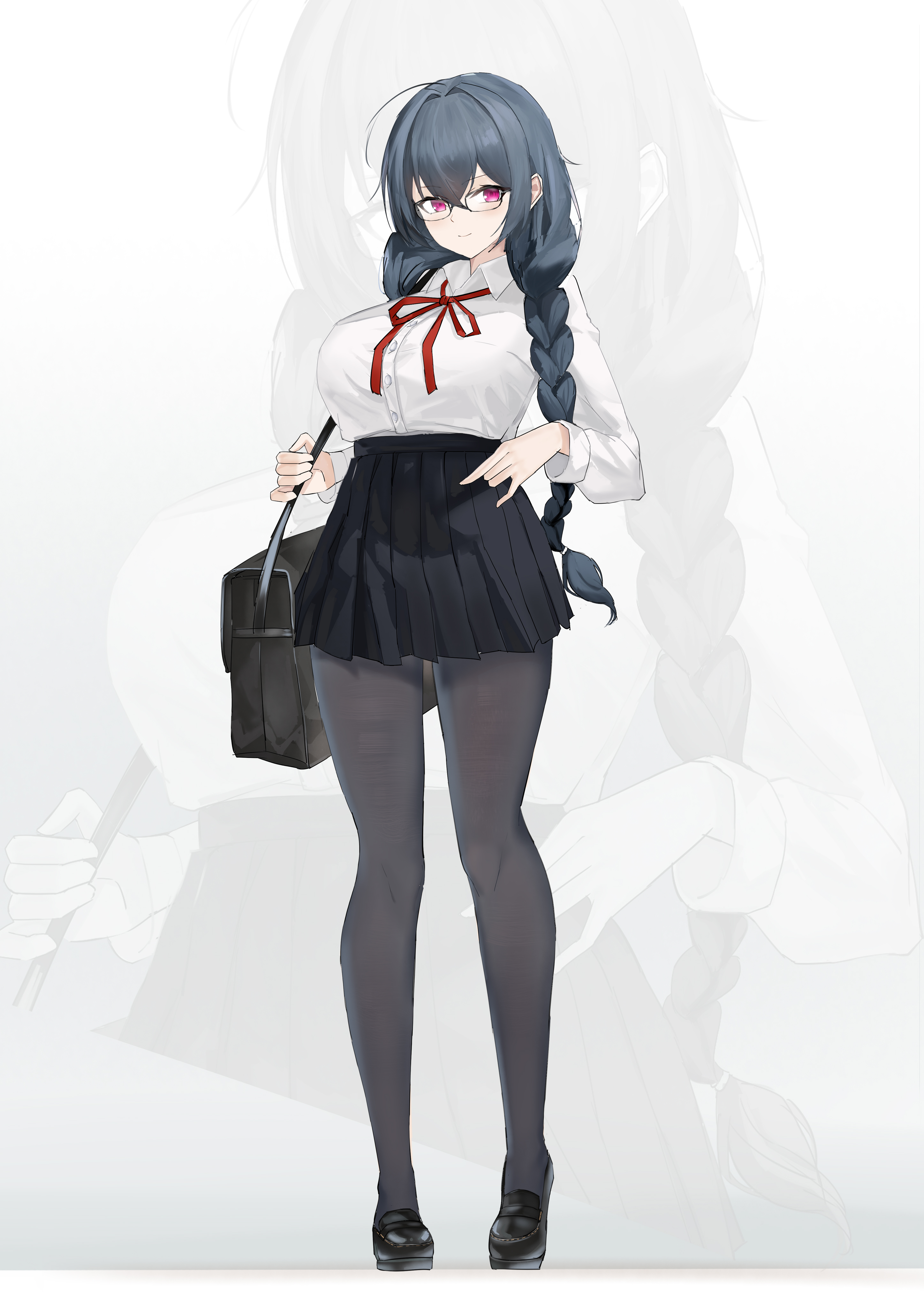 suo bu ye feng, taihou (azur lane), azur lane, absurdres, chinese commentary, commentary request, highres, 1girl, bag, black bag, black pantyhose, black shoes, black skirt, braid, breasts, collared shirt, full body, glasses, large breasts, long hair, miniskirt, pantyhose, pleated skirt, red eyes, school bag, school uniform, shirt, shoes, simple background, skirt, solo, twin braids, very long hair, white shirt, zoom layer