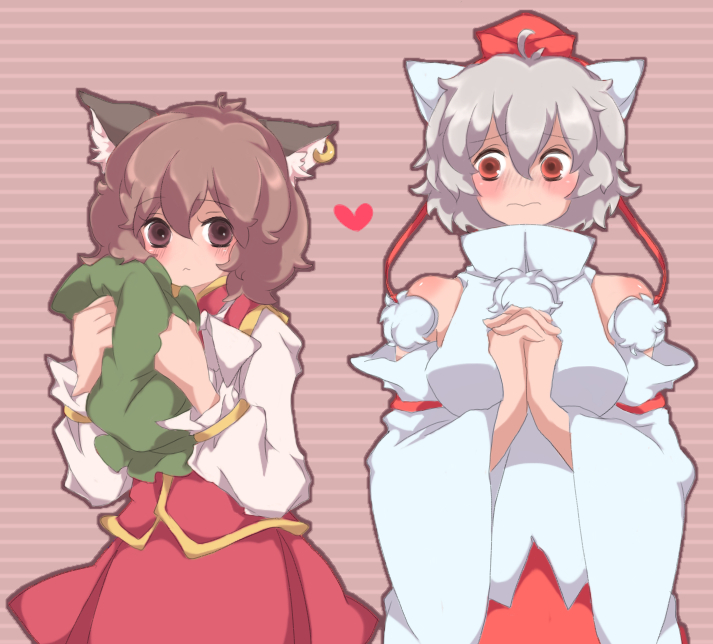 koyonaku, chen, inubashiri momiji, touhou, 2girls, animal ears, blush, breasts, brown eyes, brown hair, cat ears, cat girl, detached sleeves, earrings, female focus, hat, jewelry, multiple girls, red eyes, short hair, skirt, tokin hat, white hair, wolf ears