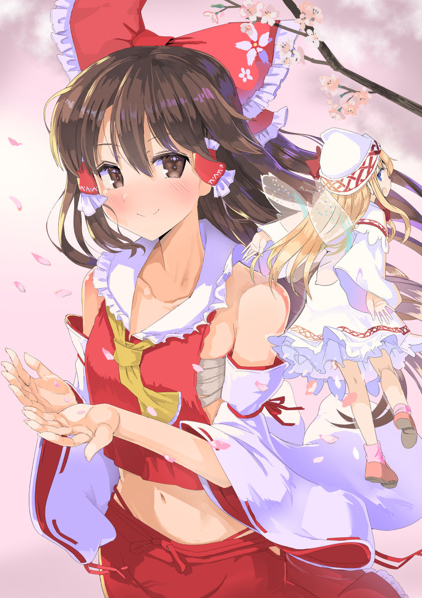 puuakachan, hakurei reimu, lily white, touhou, commentary request, highres, 2girls, ascot, bare shoulders, blonde hair, blue eyes, blush, bow, branch, brown eyes, brown hair, cherry blossoms, chest sarashi, clothing cutout, collarbone, cupping hands, detached sleeves, dress, fairy, fairy wings, falling petals, floral print bow, flower, frilled bow, frilled dress, frilled hair tubes, frilled shirt collar, frills, from above, hair bow, hair tubes, hat, hat bow, hip vent, long hair, looking back, looking to the side, mini person, minigirl, multiple girls, navel, own hands together, petals, petticoat, pink background, pink flower, pink petals, pink socks, red bow, red shirt, red shoes, red skirt, ribbon-trimmed sleeves, ribbon trim, sarashi, shirt, shoes, sidelocks, skirt, smile, socks, split mouth, stomach, white dress, white hat, wings, yellow ascot