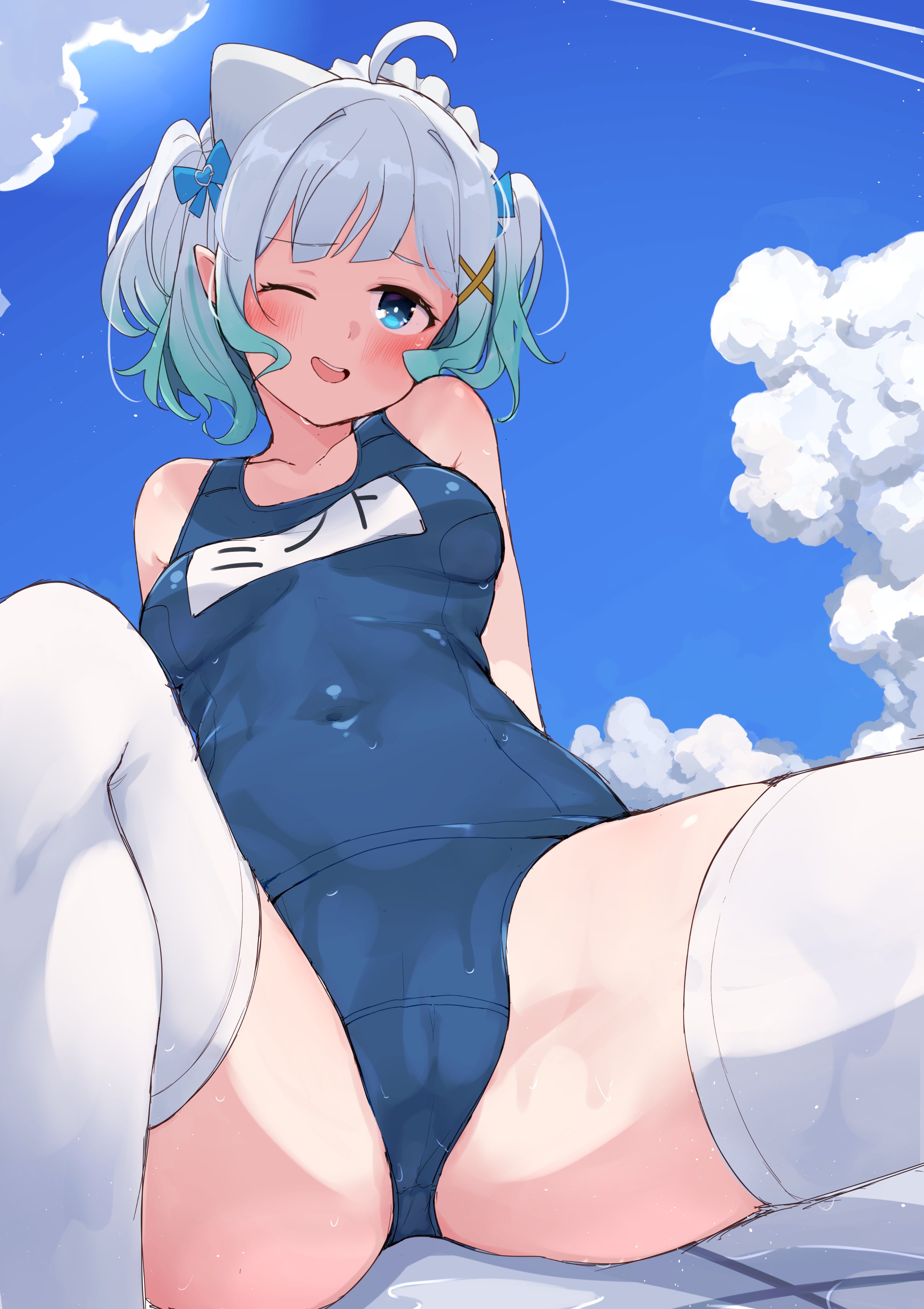 miyo mizugi, mint fantome, densetsu.exe, absurdres, highres, ahoge, aqua hair, blue eyes, blue sky, breasts, cameltoe, cloud, ghost girl, green hair, looking down, maid headdress, multicolored hair, one-piece swimsuit, one eye closed, outdoors, pussy, short hair, sky, small breasts, smile, spread legs, swimsuit, thighhighs, thighs, triangular headpiece, virtual youtuber, wet, wet clothes, white hair