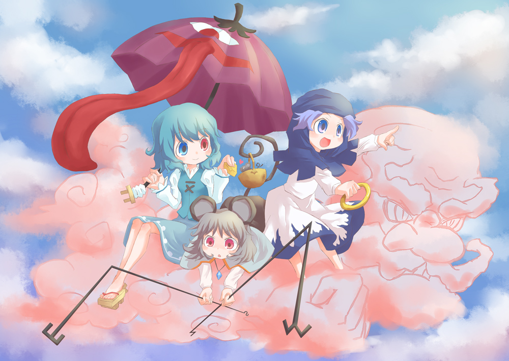 futaki nia, sooki, tales2mire, kumoi ichirin, nazrin, tatara kogasa, unzan, touhou, 3girls, animal ears, basket, blue eyes, blue hair, bracelet, cloud, day, dowsing rod, geta, grey hair, heterochromia, hood, jewelry, karakasa obake, mouse (animal), mouse ears, mouse tail, multiple girls, pendant, pointing, red eyes, ring, sandals, short hair, tail, tongue, umbrella