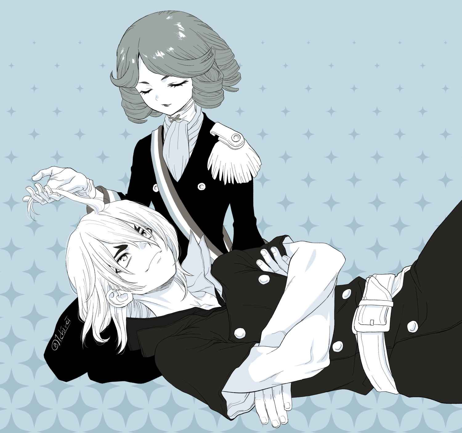 ninomae gin, francois (dr. stone), nanami ryuusui, dr. stone, highres, 1boy, 1other, belt, closed eyes, closed mouth, crossed arms, epaulettes, gloves, greyscale with colored background, hair between eyes, lap pillow, lips, lipstick, looking at another, looking up, lying, makeup, medium hair, monochrome, on back, red lips, seiza, shirt, short hair, short sleeves, sitting, smile, turtleneck, turtleneck shirt, twitter username