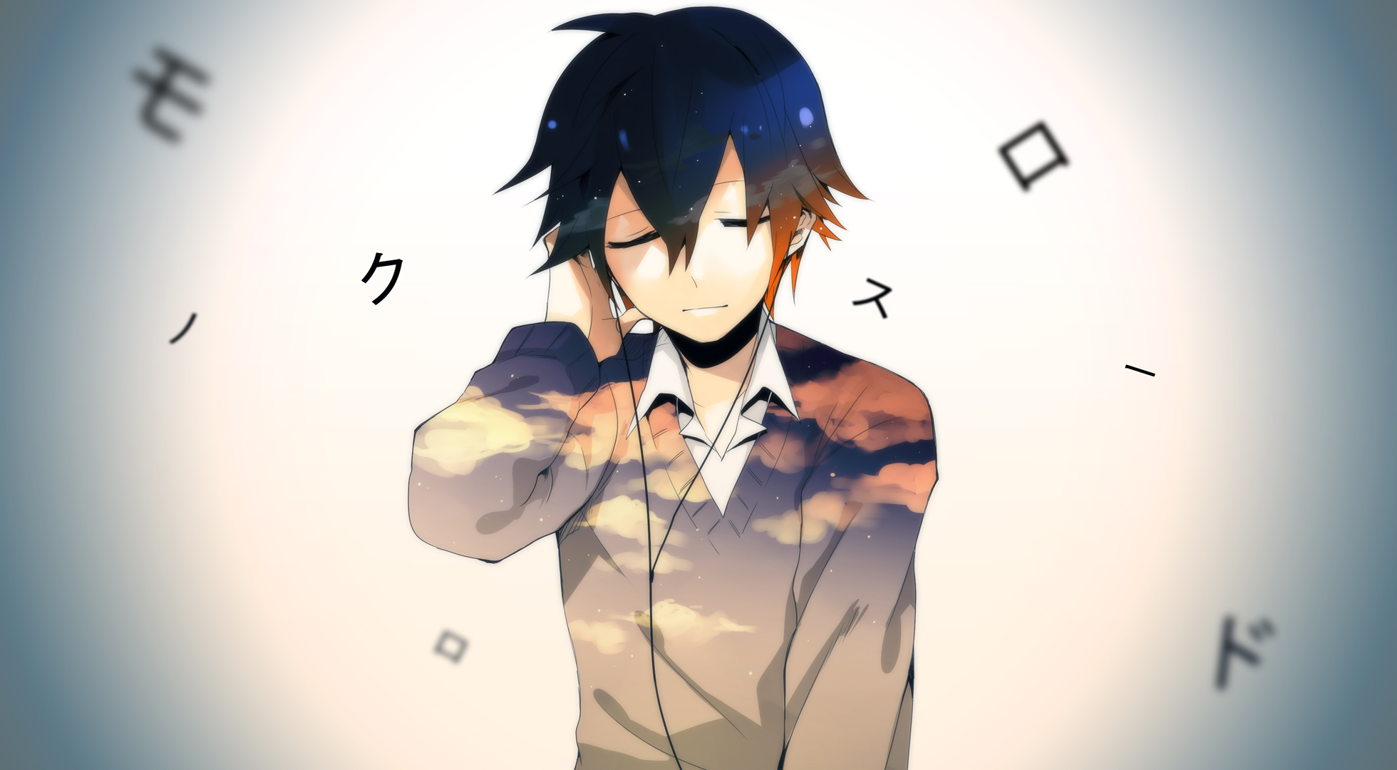 momoiro oji, vocaloid, character request, highres, song request, 1boy, black hair, closed eyes, closed mouth, earbuds, earphones, holding, long sleeves, male focus, shirt, short hair, simple background, smile, solo focus, upper body