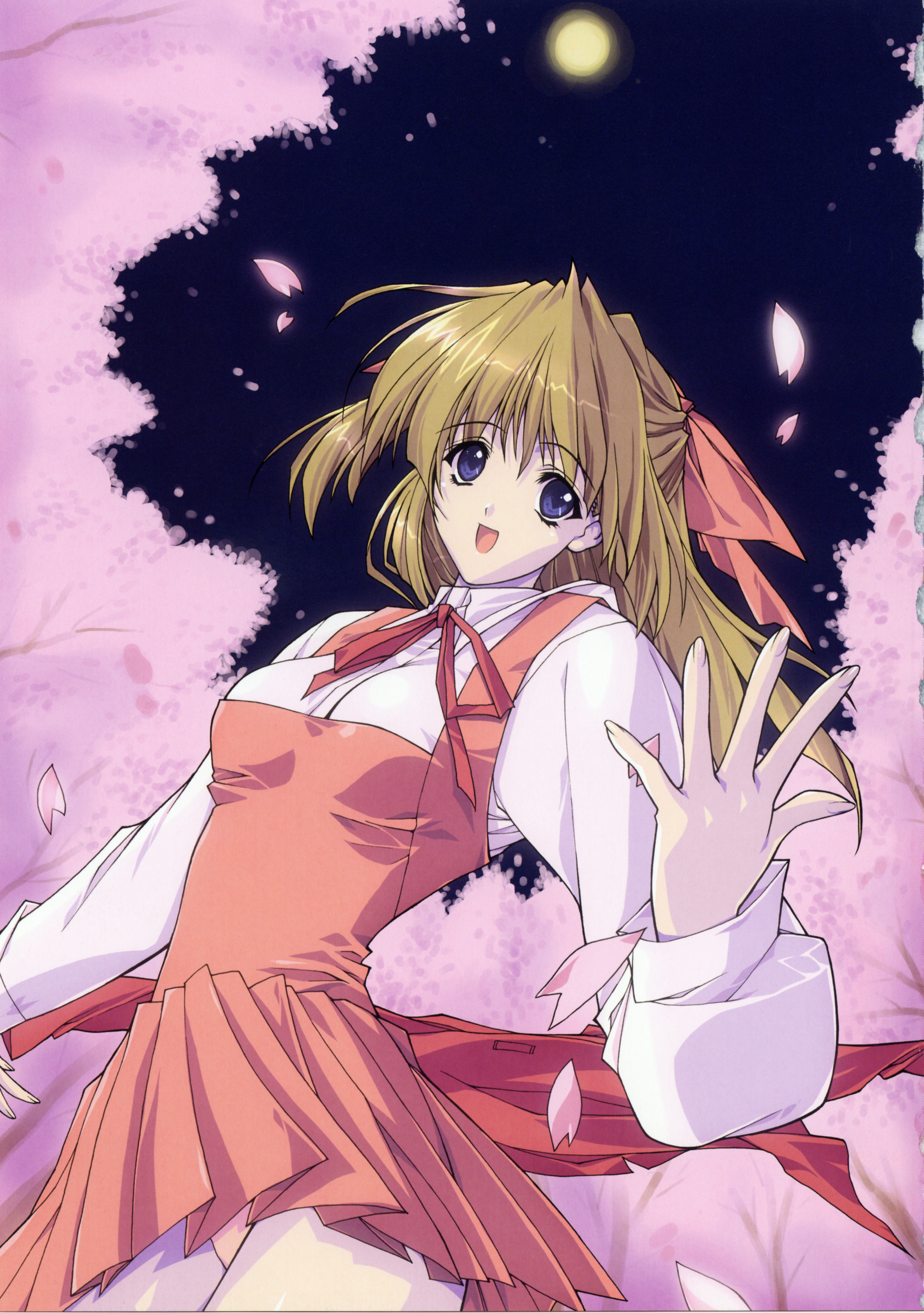 suzuhira hiro, absurdres, highres, scan, bow, cherry blossoms, hair bow, night, panties, sky, underwear