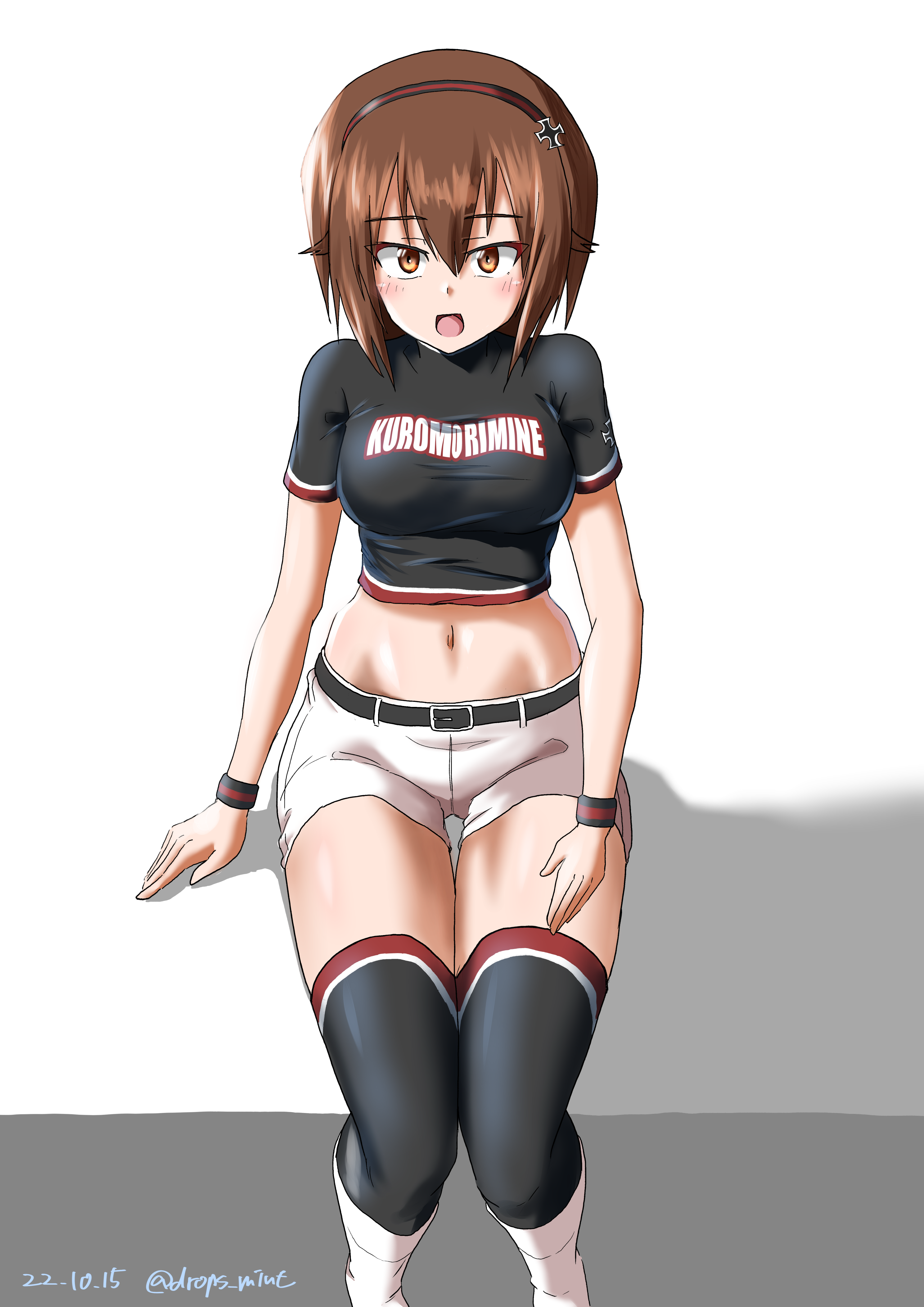 drops mint, nishizumi maho, girls und panzer, absurdres, highres, 1girl, :d, armband, belt, black belt, black thighhighs, blush, boots, brown eyes, brown hair, cheerleader, clothes writing, crop top, cropped shirt, cross, dated, from above, hairband, iron cross, kuromorimine cheerleader uniform, micro shorts, midriff, open mouth, pixiv username, print shirt, red armband, shadow, shirt, short hair, short sleeves, shorts, sitting, smile, solo, t-shirt, thighhighs, twitter username, white boots, white shorts, wristband