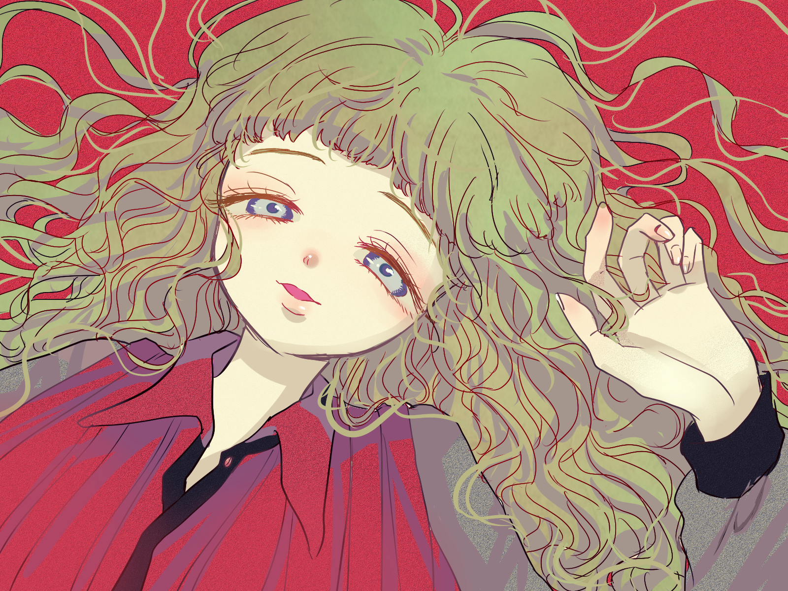 nan (wakuwakufanyu), kukrushka (gnosia), gnosia, highres, 1girl, brown hair, dress, eyelashes, grey eyes, hair between eyes, long hair, long sleeves, looking at viewer, red shirt, shirt, simple background, smile, solo, upper body, wavy hair