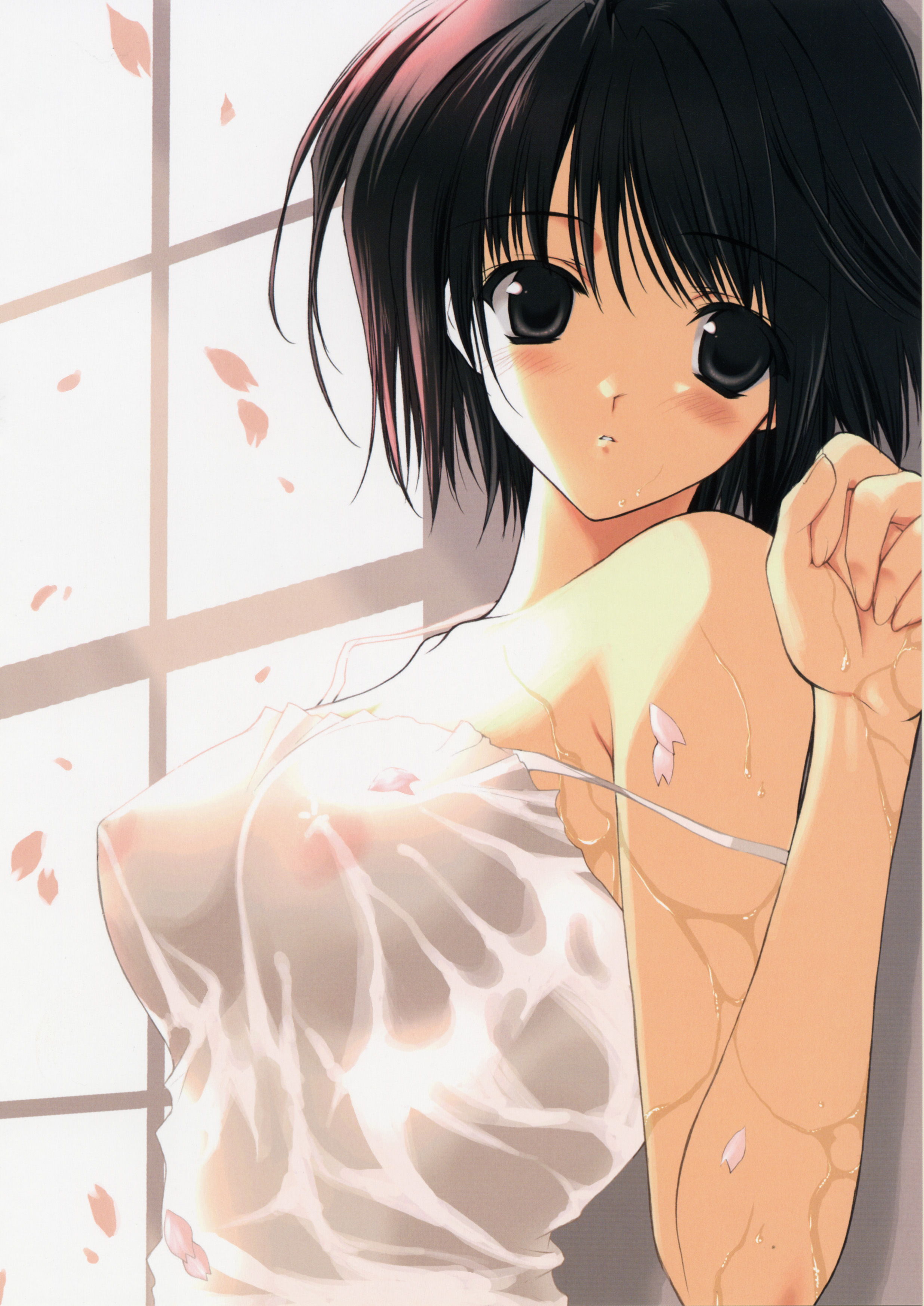 suzuhira hiro, absurdres, highres, scan, 1girl, against wall, black eyes, black hair, blush, breasts, cherry blossoms, female focus, large breasts, nipples, no bra, see-through clothes, shirt, solo, wet, wet clothes, wet shirt