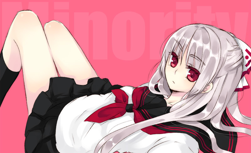 yatosaki haru, fujiwara no mokou, touhou, silver hair, artist request, 1girl, alternate costume, bow, female focus, hair bow, hair ribbon, kneehighs, legs, long hair, lying, red eyes, ribbon, school uniform, serafuku, skirt, socks, solo