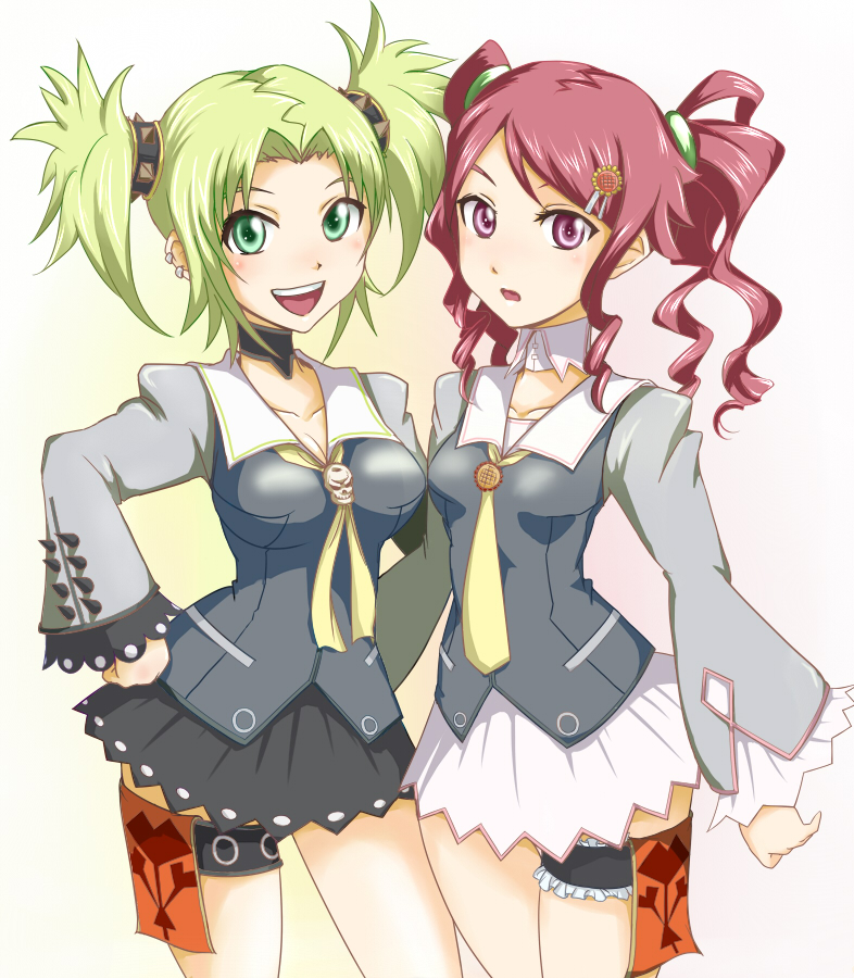 gohandesu yo, droite (tales), gauche (tales), tales of (series), tales of vesperia, bad id, bad pixiv id, 00s, 2girls, brooch, earrings, flower brooch, green hair, jewelry, multiple girls, red hair, skull, spikes, twintails