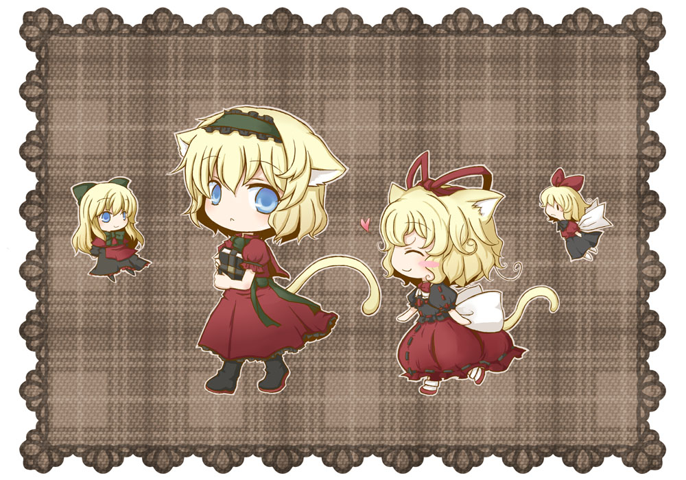 ico (engawa roman), ico (pixiv296601), alice margatroid, medicine melancholy, shanghai doll, su-san, touhou, 2girls, alternate color, animal ears, cat ears, cat girl, cat tail, female focus, multiple girls, tail