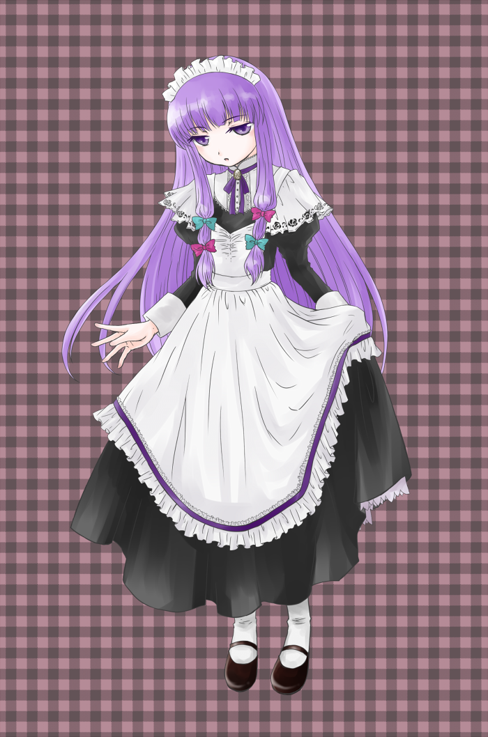 moonage, tsuyuko, patchouli knowledge, touhou, bad id, bad pixiv id, 1girl, alternate costume, female focus, maid, maid headdress, purple eyes, purple hair, solo