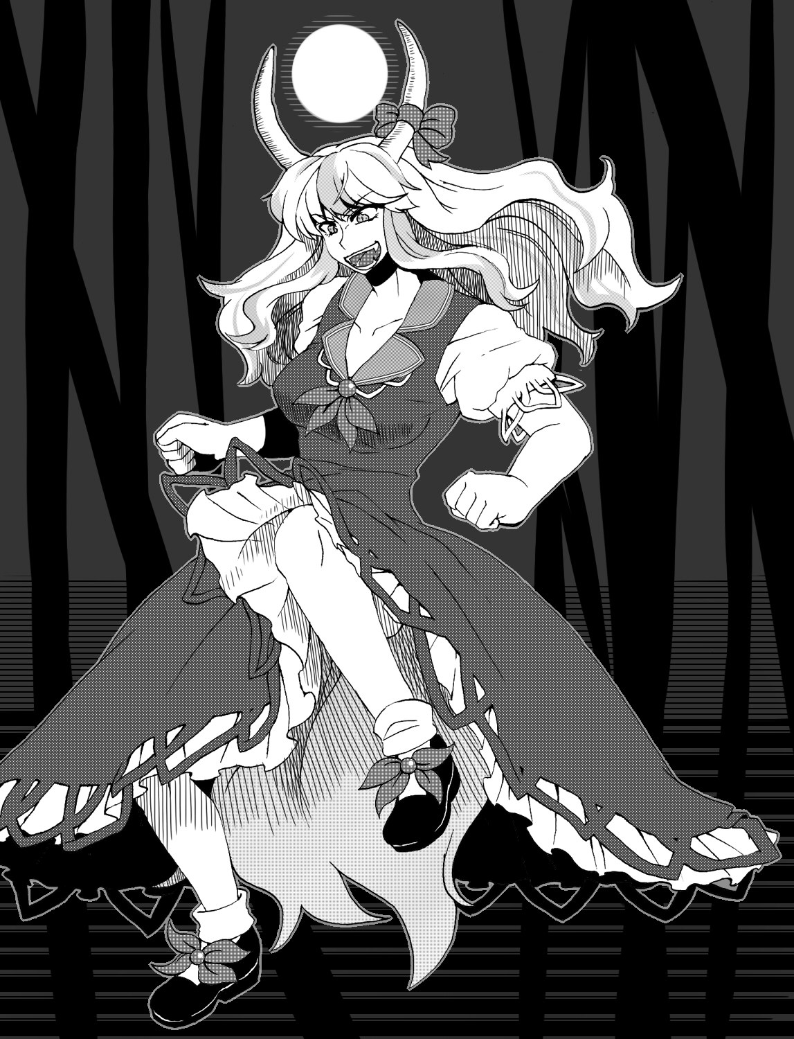 mizu mochi, ex-keine, kamishirasawa keine, touhou, bad id, bad pixiv id, highres, 1girl, breasts, dress, female focus, full body, greyscale, horns, long hair, monochrome, nature, outdoors, plant, sky, solo, tail