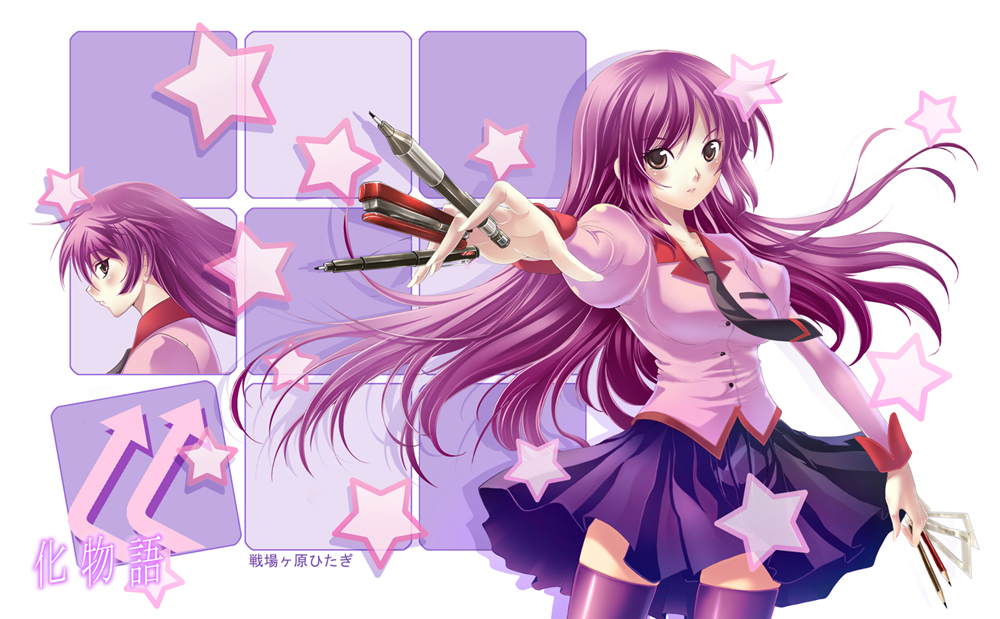 andy h, senjougahara hitagi, bakemonogatari, monogatari (series), 00s, long hair, purple hair, school uniform, set square, skirt, solo, stapler, stationery, thighhighs, zettai ryouiki