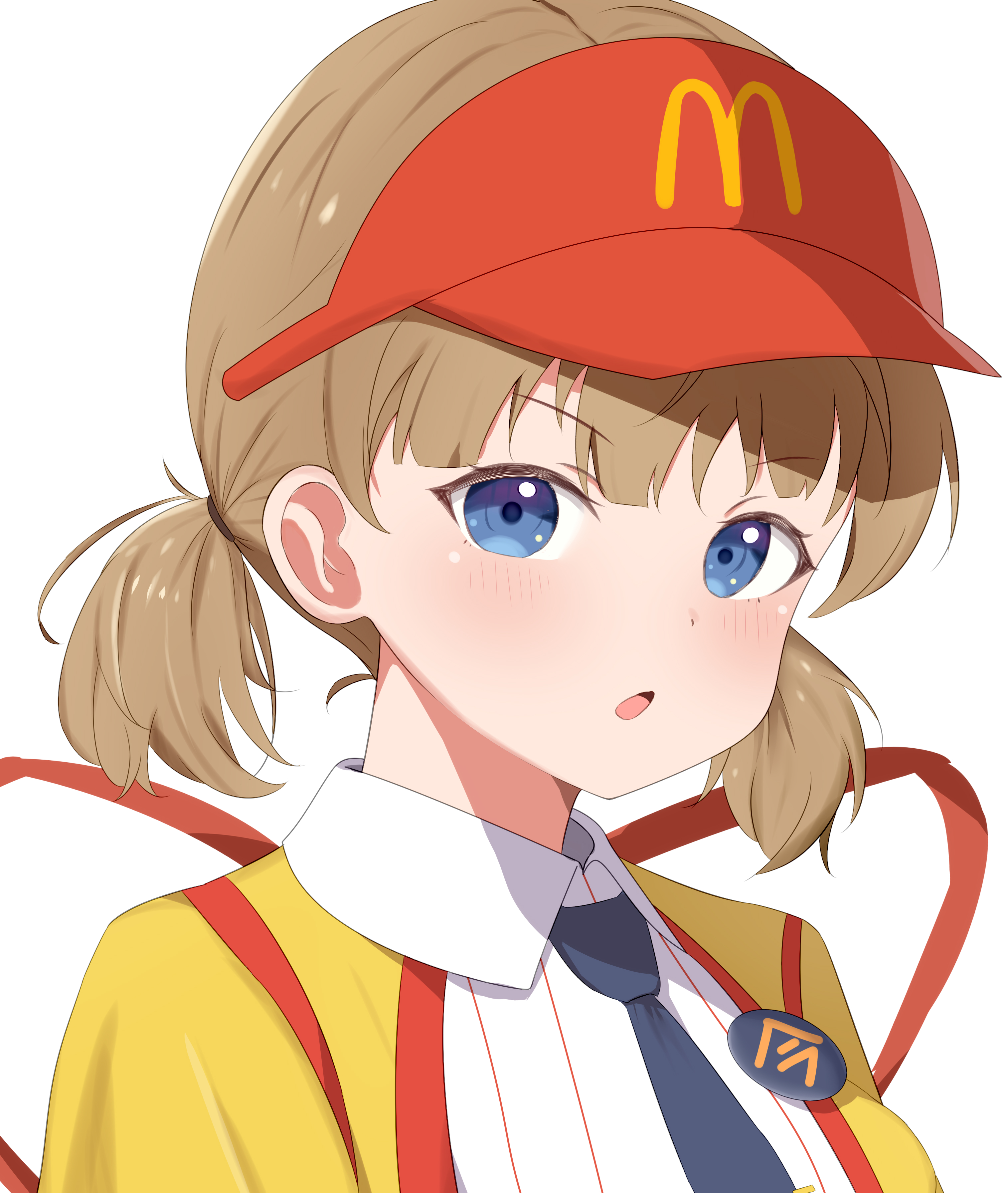 annrichan, imadake dabuchi tabemi, suou momoko, idolmaster, idolmaster million live!, idolmaster million live! theater days, absurdres, highres, 1girl, blue eyes, blue necktie, blush, brown hair, collared shirt, cosplay, hat, imadake dabuchi tabemi (cosplay), jacket, looking at viewer, low twintails, necktie, open mouth, shirt, short hair, short twintails, simple background, solo, twintails, upper body, visor cap, white background, white shirt