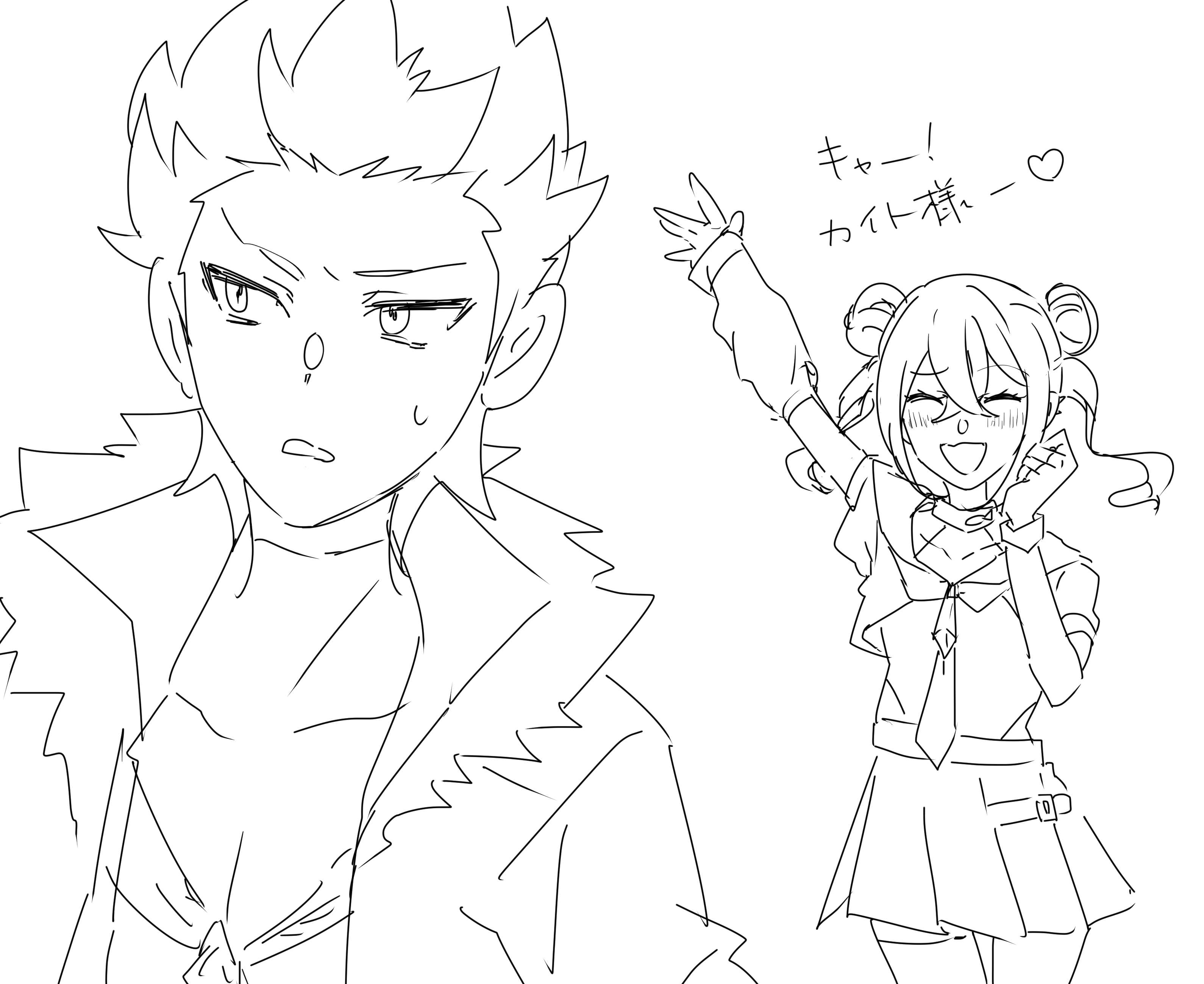 sakai honoka, digimon, digimon beatbreak, translation request, 1boy, 1girl, blush, heart, japanese text, kutsuna kaito, looking at another, sketch