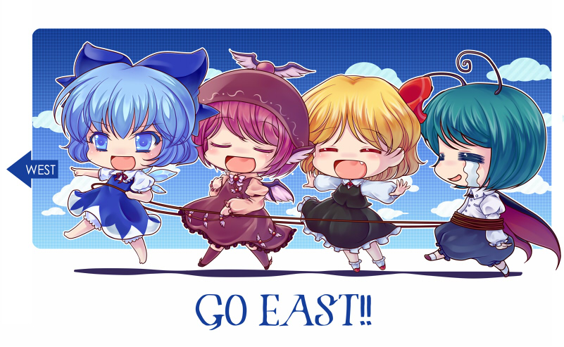 iris (artist), iris anemone, cirno, mystia lorelei, rumia, wriggle nightbug, touhou, 4girls, animal ears, antennae, barefoot, blonde hair, blue eyes, blue hair, bow, cape, chibi, closed eyes, crying, fang, green hair, hair bow, hair ribbon, hat, multiple girls, open mouth, outstretched arms, pink hair, red eyes, ribbon, short hair, spread arms, streaming tears, team 9 (touhou), tears, wings