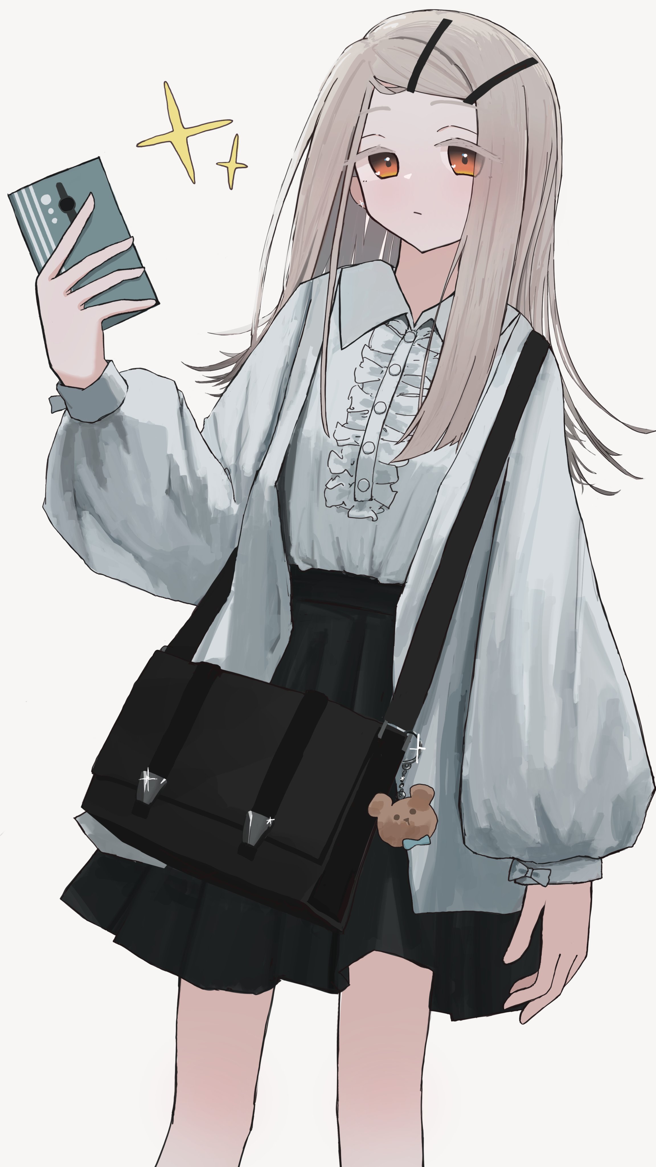 gakuen idolmaster, idolmaster, absurdres, highres, 1girl, animal charm, bag, bag charm, black bag, black skirt, cellphone, center frills, chandemo, charm (object), closed mouth, collared shirt, colored eyelashes, cowboy shot, earrings, flipped hair, frilled shirt, frills, gradient hair, grey hair, hair ornament, hairclip, holding, holding phone, jacket, jewelry, long hair, long sleeves, looking at viewer, multicolored hair, open clothes, open jacket, orange eyes, parallel hairclips, parted bangs, phone, pleated skirt, puffy long sleeves, puffy sleeves, shirt, shoulder bag, simple background, skirt, smartphone, solo, sparkle, standing, white background, white jacket, white shirt