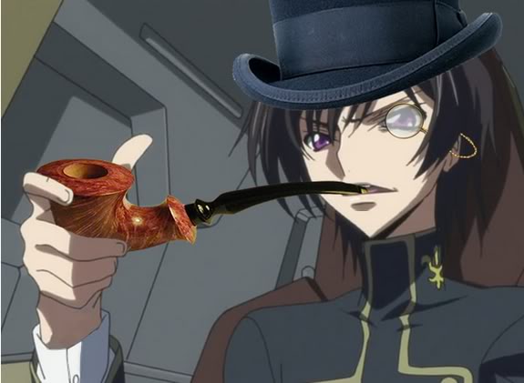 lelouch vi britannia, code geass, third-party edit, 00s, black hair, formal clothes, hat, monocle, purple eyes, smoking pipe, top hat