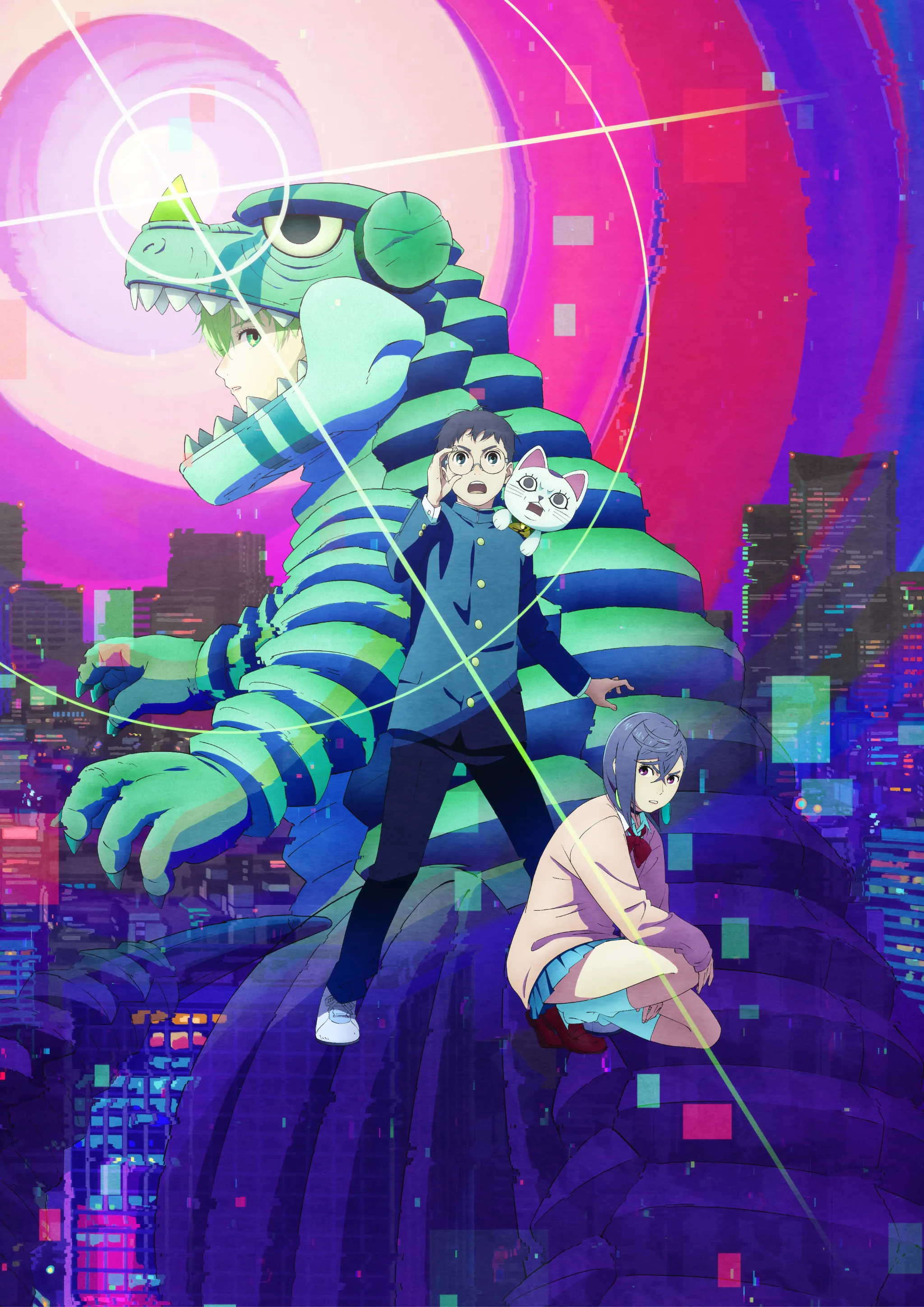 ayase momo, takakura ken (dandadan), turbo granny (dandadan), vamola (dandadan), dandadan, absurdres, highres, official art, promotional art, 1boy, 3girls, alien, black choker, black eyes, black hair, black jacket, black pants, blonde hair, blue skirt, bow, bowtie, brown hair, brown shoes, building, buttons, cat, choker, city, cityscape, crossed bangs, earrings, from side, full body, gakuran, glasses, glint, glitch, green eyes, green hair, hair between eyes, horns, jacket, jewelry, kaiju, kami high school uniform, long sleeves, loose socks, maneki-neko, miniskirt, multiple girls, on shoulder, open mouth, pants, parted lips, pink sweater, pleated skirt, profile, purple eyes, red bow, red bowtie, round eyewear, school uniform, shoes, short hair, skirt, socks, spacesuit, squatting, standing, star (symbol), star in eye, sweater, symbol in eye, white shoes