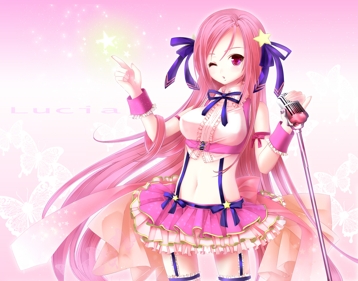 yuuki kira, lucia, lucia (pangya), pangya, bad id, bad pixiv id, 1girl, blush, female focus, hair ornament, hairpin, long hair, microphone, microphone stand, midriff, one eye closed, pink hair, red eyes, solo, star (symbol), thighhighs, wink