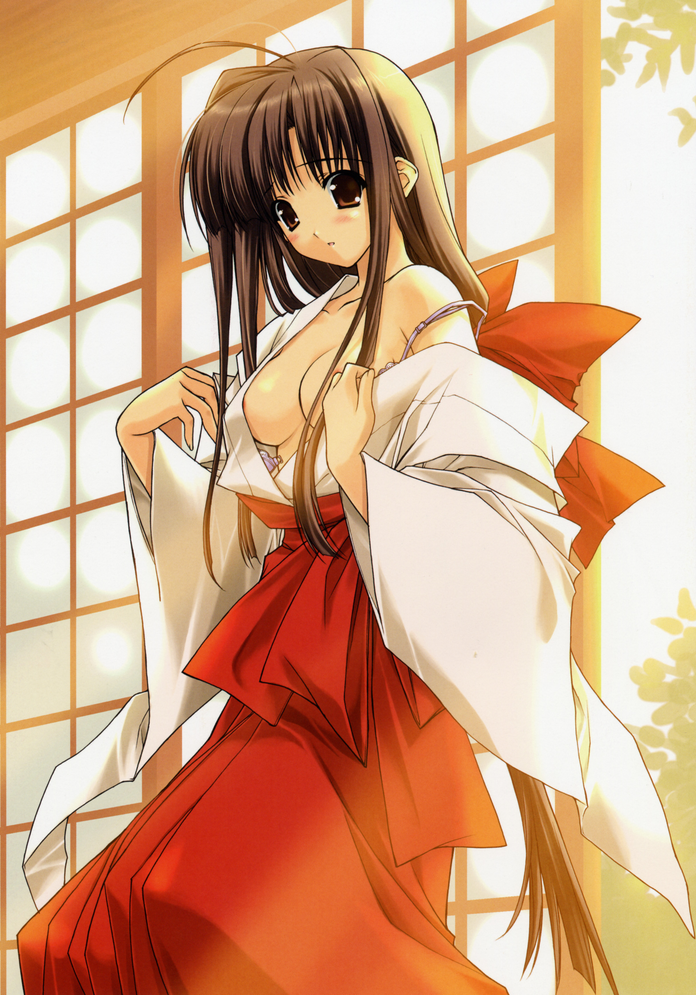 suzuhira hiro, absurdres, highres, scan, 1girl, :o, ahoge, blush, bra, breasts, brown eyes, brown hair, female focus, hakama, hakama skirt, japanese clothes, lingerie, long hair, medium breasts, miko, off shoulder, open bra, red hakama, skirt, solo, underwear, undressing, very long hair, wide sleeves