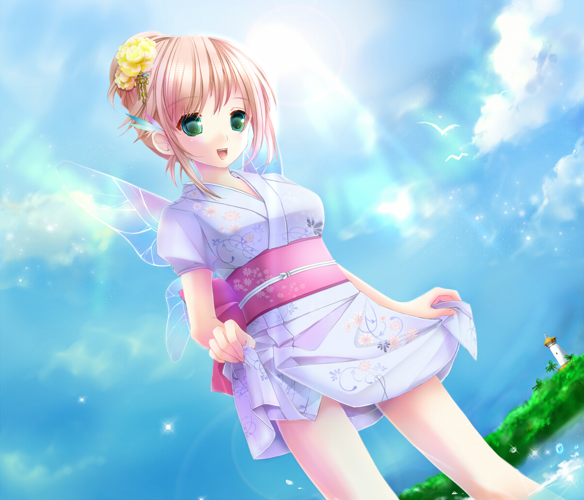 hana, yuuki kira, hana (pangya), pangya, 1girl, day, fairy, female focus, green eyes, hair ornament, hairpin, japanese clothes, kimono, open mouth, pink hair, short kimono, sky, solo, wings