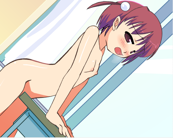 todoroki gou, or etc., bad tag, 1girl, blush, breasts, breath, classroom, crotch rub, desk, dutch angle, female focus, female masturbation, hair bobbles, hair ornament, helmet, indoors, loli, masturbation, matching hair/eyes, nipples, nude, purple eyes, purple hair, school, school desk, short hair, small breasts, solo, table humping