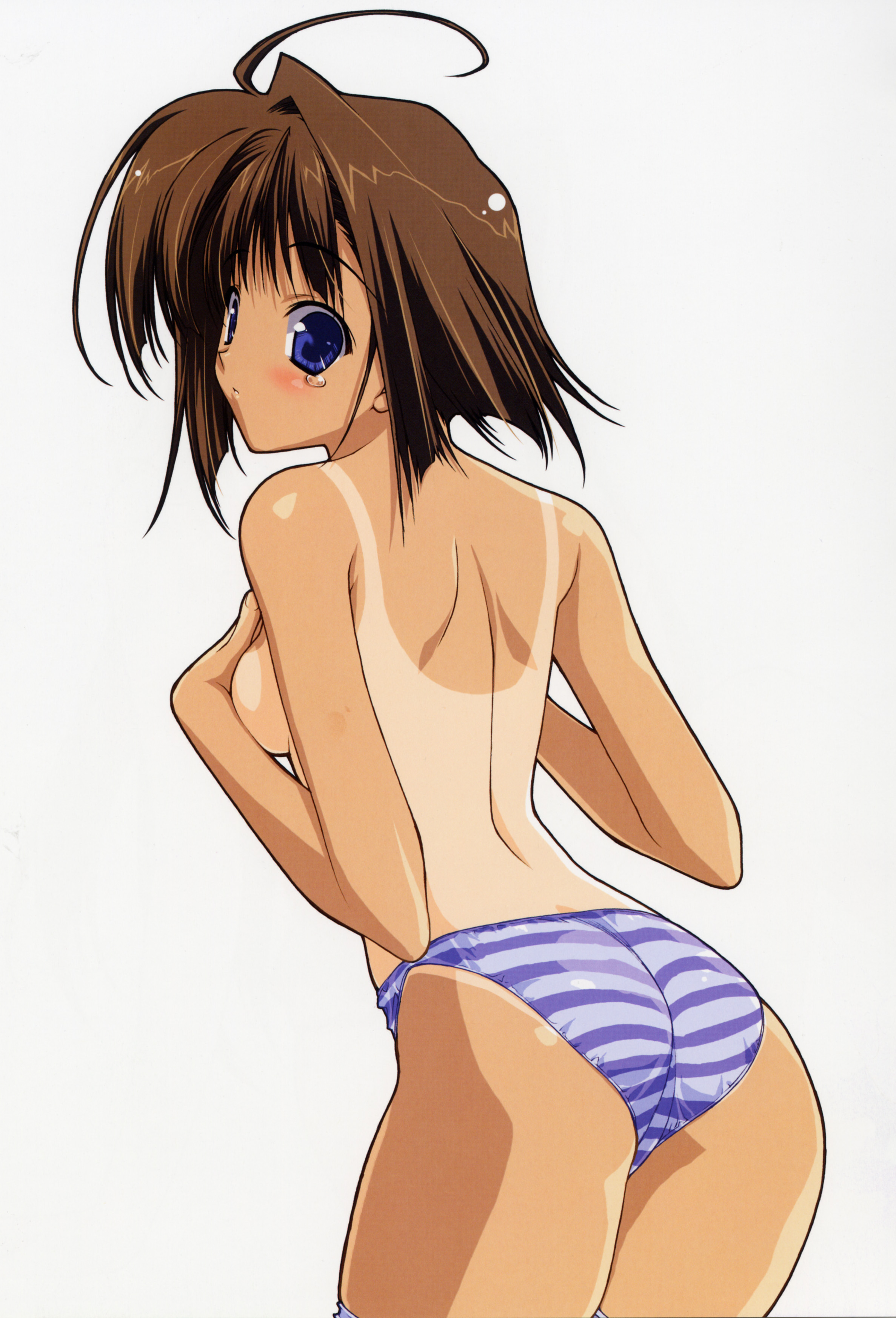 suzuhira hiro, absurdres, highres, scan, 1girl, ahoge, ass, bikini, blue eyes, breasts, brown hair, covering breasts, covering privates, female focus, from behind, looking back, one-piece tan, simple background, solo, striped bikini, striped clothes, swimsuit, tan, tanline, tears, thighhighs, topless female, white background