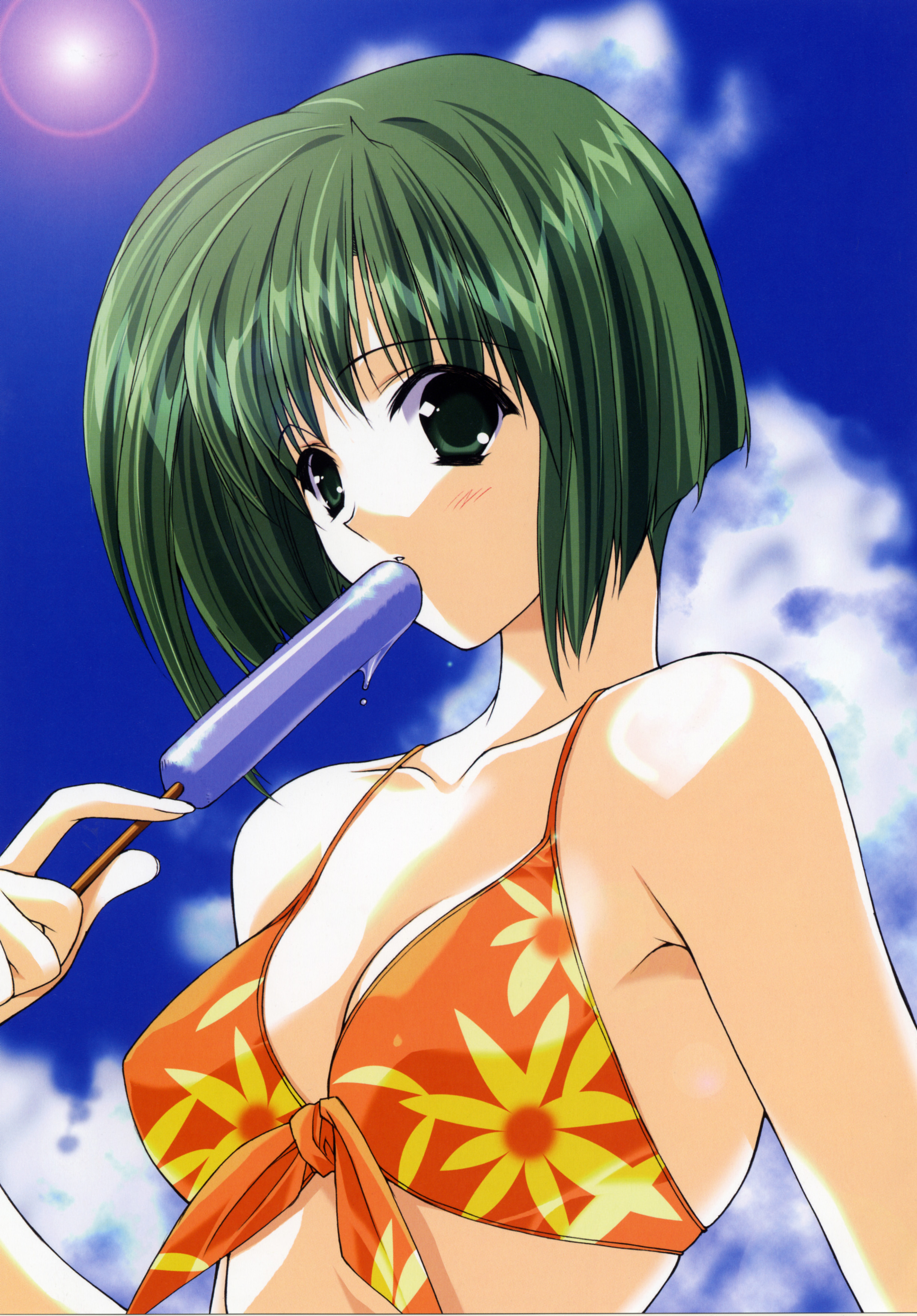 suzuhira hiro, absurdres, highres, scan, bare shoulders, bikini, bikini top only, day, eating, food, front-tie top, green eyes, green hair, ice cream, sky, solo, swimsuit